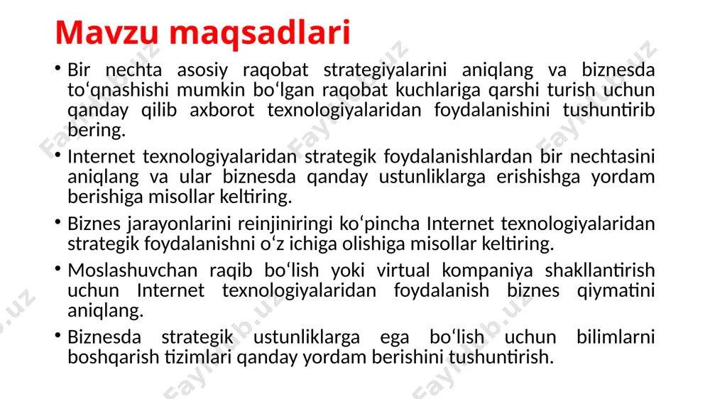 strategik axborot tizimi boʻlishi mumkin. strategik ustunlik asoslari texnologiya biznes strategiyani shaklantirishda endi ikkinchi darajali emas, balki asl sababi va yurituvchisidir. kompaniya uzoq istiqbolda raqobatbardosh boʻladi, agarda u oʻzini sohasida raqobat tuzilmasini shakllantiruvchi beshta raqobat kuchlariga qarshi strategiyalarni muvaffaqiyatli ishlab chiqsa. maykl porterning fikricha klassik raqobat modelida ixtiyoriy biznes raqobatbardosh boʻlishi uchun (1) sohasidagi raqobatchilari, (2) sohada yangi ishtirokchilar va ularning bozorlarini vujudga kelish xavfi, (3) bozorni bir qism ulushini mahsulotni oʻrnini bosuvchi boshqa mahsulotni paydo boʻlish xavfi, (4) iste’molchilar quvvatining oʻzgaruvchanligi, (5) ta’minlovchilar quvvatining oʻzgaruvchanligi bilan samarali kurashish strategiyasini ishlab chiqishlari va uni amalga oshirishlari lozim. kompaniyalar bozorda toʻqnashishi mumkin boʻlgan raqobat kuchlariga qarshi ustunlik strategiyalarini ishlab chiqishlari mumkin. narx liderligi strategiyasi. qanday qilib sanoatda past narxli mahsulotlarni ishlab chiqaruvchi va xizmatlarni taqdim etuvchi boʻlishi mumkin yoki ta’minlovchilar va mijozlarga xarajatlarini kamaytirishga yordam berish mumkin va raqobatchilarning chiqimlarini oshirish mumkin? differensiatsiyalash strategiyasi. firmaning mahsulotlari va xizmatlarini uning konkurentlaridan differensiatsiyalash …
