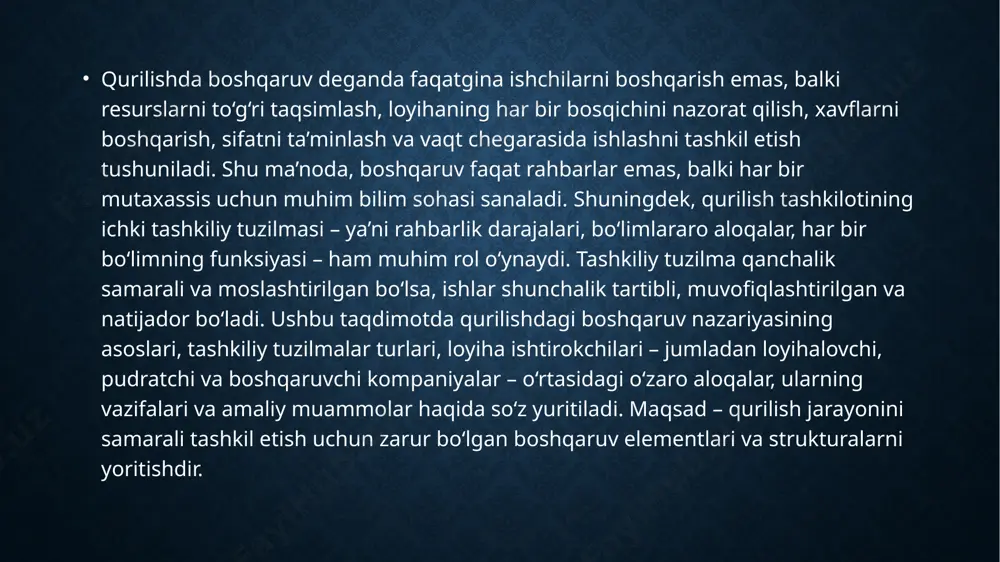 a, xavf tug‘diruvchi holatlar nazoratdan chiqishi mumkin. qurilishdagi tashkiliy tuzilma – bu faqatgina chizma yoki jadval emas. bu – real hayotda ishlarning qanday tashkil etilishini belgilab beradigan “skelet”dir. qanchalik bu skelet mustahkam, aniqlashtirilgan va moslashtirilgan bo‘lsa, qurilish jarayoni shunchalik muvaffaqiyatli, sifatli va xavfsiz amalga oshiriladi. shu bois, har bir loyiha boshlanishidan oldin to‘g‘ri tashkiliy tuzilmani tanlash va uni aniq hujjatlashtirish muhim hisoblanadi. loyihalovchi pudratchi va boshqaruvchi kompaniyalar qurilish — bu murakkab, ko‘p bosqichli va ko‘plab ishtirokchilarni talab qiladigan jarayon hisoblanadi. bunday jarayon faqatgina bir tashkilot yoki bitta mutaxassis tomonidan amalga oshirilmaydi. aksincha, har bir bosqichda o‘ziga xos rol o‘ynaydigan bir nechta muhim tashkilotlar va kompaniyalar ishtirok etadi. asosiy ishtirokchilar quyidagilar hisoblanadi: loyihalovchi kompaniya, pudratchi, va boshqaruvchi kompaniya. ularning har biri o‘z vazifasini bajaradi va loyiha muvaffaqiyatli yakunlanishi uchun birgalikda ishlaydi. loyihalovchi kompaniya — bu quriladigan bino yoki inshootning chizmalarini, texnik yechimlarini, muhandislik hisoblarini ishlab chiqadigan tashkilotdir. bunday kompaniya loyiha-smeta hujjatlarini …