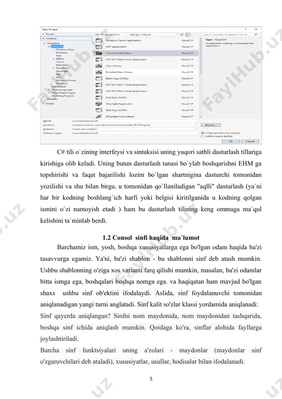 t platformasi turli qiymatlarni int, double va hokazolarga aylantirishga imkon beradigan bir qator usullarni taqdim etadi. ushbu usullarning ba'zilari: convert.toint32() (int turiga o`zgartiradi) convert.todouble() (dauble turiga o`zgartiradi) convert.todecimal() (o`nlik turiga o`zgartiradi) ustring tipidagi qiymat yoki null (agar kiritish amalga oshmagan bo‘lsa) qiymatini qaytaradi. masalan: strin s = console.readline(); console.writeline("kiritilgan satr : " + s) ; write va writeline metodlari. write metodi unga yuborilgan o’zgaruvchi qiymatini ekranga chiqarish vazifasini bajaradi. u string tipini qabul qiladi. u barcha bazali tiplar uchun ishlaydi. shuning uchun uni parametr sifatida chaqirish mumkin. console.write (i); console.write (0.75 oyna tartibini tiklash-ni tanlang . bundan tashqari, menyu buyruqlari yordamida oynalarni ko'rsata olasiz. menyu satrida solution explorer-ni tanlang . agar biron bir boshqa derazalar ochilgan bo'lsa, ularni o'ng (o'ng) burchaklaridagi close (x) tugmachasini bosib yoping . · asosiy oyna ushbu oynada siz formalar bilan ishlash va kodni tahrirlash kabi ko'p ishlarni bajarasiz. oynada form muharririda forma ko'rsatilgan . · …