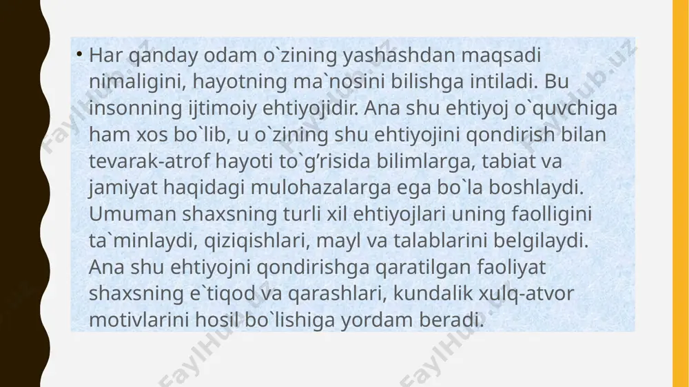 “hukamolardan biri aqlning quli nafsning jilovini ushlasa, seni yomon yo`llarga kirishdan saqlar»- deb uqtiradi. avloniyning fikricha, sog’lom fikr, yaxshi axloq, ilm-ma`rifatga ega bo`lish uchun badanni tarbiyalash zarur. badanni sog’lom va quvvatli bo`lmog’i insonga eng kerakli narsadir. chunki o`qimoq, o`qitmoq va o`rgatmoq uchun insonga kuchli, kasalsiz jasad lozimdir. «aql-deydi: u-piri komili, muroshidi yagonasidir. ruh ishlovchi, aql boshlovchidir. inson aql va idroki sohasida o`ziga keladigan zarar va zulmlardan saqlanur, er yuzidagi hayvonlarni asir qilib, bo`ynidan boylab iplarining uchini qo`llariga bergan insonlarning aqlidur». o`zbekiston o`z mustaqilligininng qo`lga kiritgan hozirgi sharoitda qadriyatlarimizni tiklashga, tariximizni o`rganishga, o`zligimizni anglab yetishga ahd qilgan va yosh avlod uchun xuddi mana shu durdona asarlar qo`l kelishi muqarrardir. dunyoqarash. dunyoqarash faqat insongagina xos hususiyat bo`lib, hayvonot dunyosi, boshqa narsa, buyumlar va mavjudot uchun bu hol yotdir, ularda ham dunyoqarash bo`ladi, deb o`ylash bema`nilik bo`lur edi. avvalo ta`kidlash lozimki, ilmiy dunyoqarash turli kishilarda, kasb egalarida turlicha-to`larok, mukammolroq, chuqurroq yoki yuzakiroq, chalaroq, …