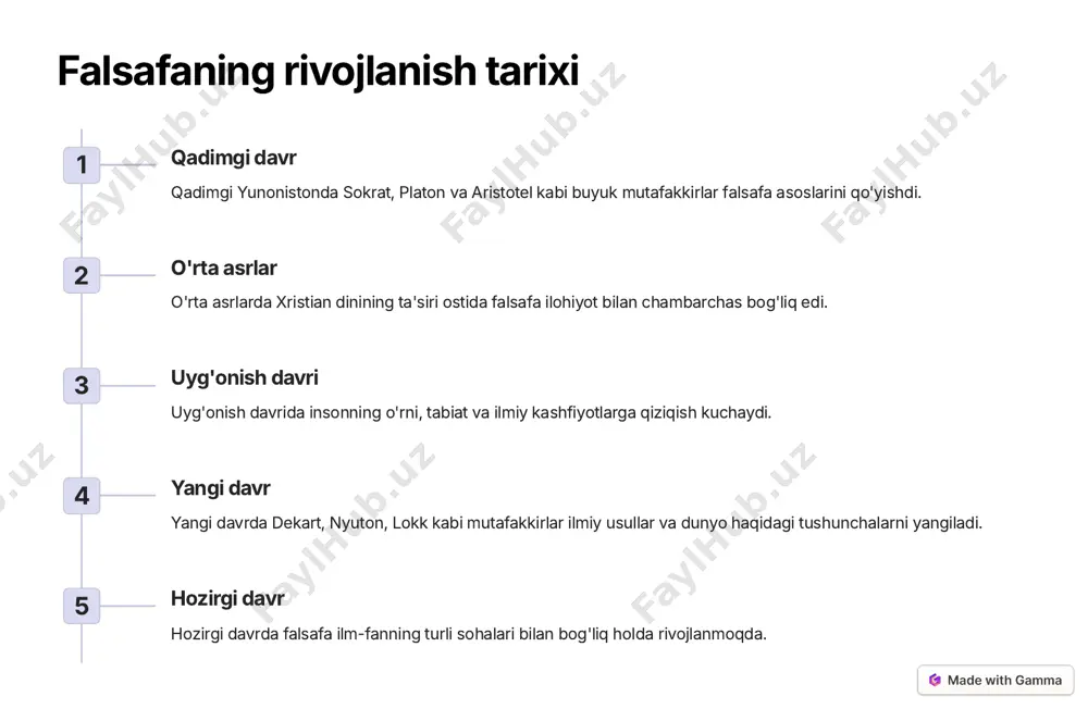 sonning jamiyatdagi o'rni va ijtimoiy munosabatlarni o'rganadi. adolat va tenglik ijtimoiy falsafa adolat, tenglik, huquq va burchlar, ijtimoiy tengsizlik muammolari haqida fikr yuritadi. siyosat va iqtisod ijtimoiy falsafa siyosat, iqtisod, davlat va jamiyat o'rtasidagi munosabatlarni o'rganadi. https://gamma.app/?utm_source=made-with-gamma siyosiy falsafa va davlat tuzilishi 1 hokimiyat siyosiy falsafa hokimiyatning kelib chiqishi, tabiati, turlari va funktsiyalarini o'rganadi. 2 davlat tuzilishi siyosiy falsafa davlatning maqsadi, vazifalari, turlari va funktsiyalarini o'rganadi. 3 huquq va erkinlik siyosiy falsafa huquq, erkinlik, adolat va inson huquqlari kabi masalalarni o'rganadi. 4 siyosiy tizimlar siyosiy falsafa turli siyosiy tizimlarning afzalliklari va kamchiliklarini solishtiradi. https://gamma.app/?utm_source=made-with-gamma epistemologiya va uning ahamiyati bilim manbalari bilim olish usullari bilimning tabiati tajriba kuzatish haqiqat mantiq tahlil subyektivlik intuisiya sintez ob'ektivlik https://gamma.app/?utm_source=made-with-gamma ontologiya va mavjudlik masalalari mavjudlikning tabiati mavjudlikning o'ziga xos xossalari, xususiyatlari va shakllari haqida fikr yuritiladi. haqiqat va illyuziya haqiqat va illyuziyaning o'rtasidagi farq, haqiqatni qanday anglash mumkinligi haqida mulohaza yuritiladi. vaqt va makonda mavjudlik …