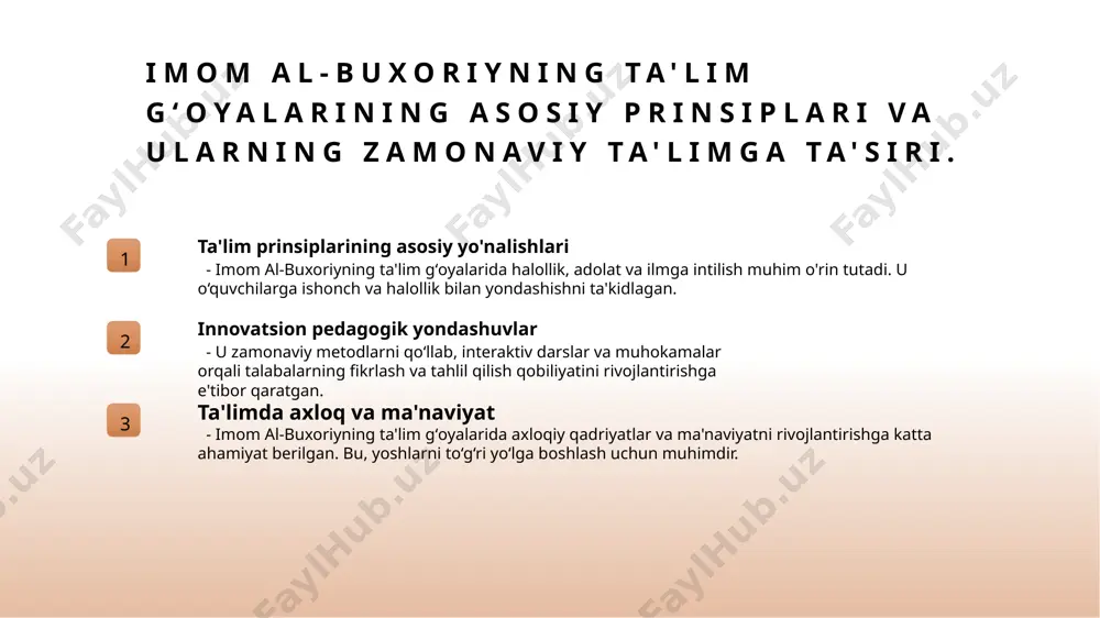 ning ta’limdagi o‘rni hadis ilmi, nafaqat hadislarni o‘rganish, balki axloq, huquq va din falsafasini ham chuqur anglash uchun asosiy pedagogik vosita hisoblanadi. hadis ilmining shakllanishi va ilmiy usullarning rivojlanishi hadis ilmining shakllanishi hadis ilmi, payg'ambar hayoti va hadislarni to'plash bilan boshlangan, so'ngra ularni tahlil qilish va tasniflash jarayonlari rivojlandi. ilmiy usullarning paydo bo‘lishi hadislarni baholashda isnod va matn tekshirish kabi usullar paydo bo'ldi, bu hadislarning ishonchliligini ta'minlash uchun muhim rol o'ynadi. rivojlanish bosqichlari hadis ilmi, dastlab sahobalar va tabiinlar tomonidan rivojlantirildi, keyinchalik imomlar va mufassirlar tomonidan ilmiy asoslar kengaydi. innovatsiyalar va metodlar imam buxoriy kabi mutaxassislar hadislarni yig'ishda yangi metodlar kiritib, ilmiy usullarni aniqlik va ishonchlilikni oshirishga qaratildi. imom al-buxoriyning ta’lim metodlarining asosiy tamoyillari va pedagogik yondashuvlari 1 ta’lim metodlarining asosiy tamoyillari imom al-buxoriyning ta’limda muloqot va shaxsiy yondashuvni asosiy tamoyil sifatida qo‘llagan. u bilimlarni aniq va tushunarli tarzda etkazishga intilgan. 2 pedagogik yondashuvlarning xususiyatlari uning pedagogik yondashuvlari amaliy va …