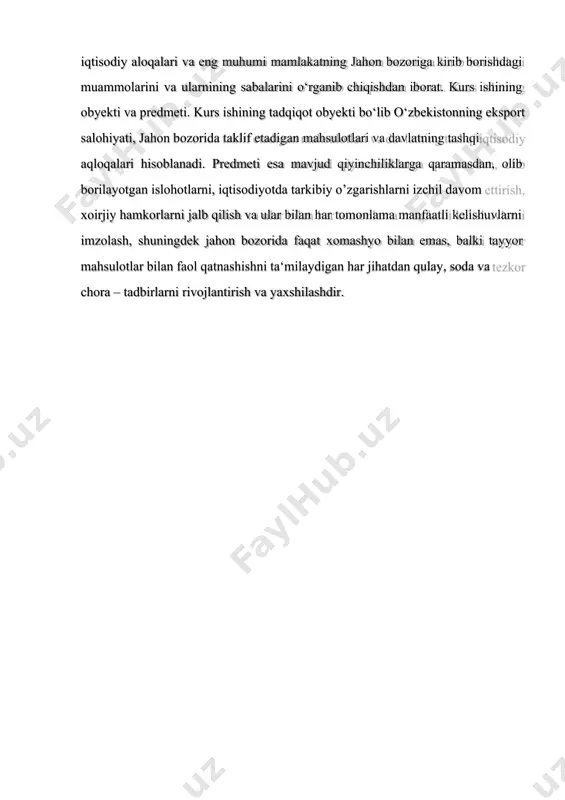 ning teng xuquqli sub‘yekti, jaxon xo‘jaligining ajralmas bir qismi sifatida ijtimoiy-iqtisodiy rivojlanishning yangi turi – bozor munosabatlarini shakllantirish yo‘lidan bormoqda. amudaryo bilan sirdaryo oralig‘ida joylashgan o‘zbekiston xalqaro aloqalarni yo‘lga qo‘yish nuqtai nazaridan va o‘z taraqqiyot istiqbollari jixatidan qulay geografik-strategik mavqega ega. qadim zamonlarda sharq bilan g‘arbni bog‘lab turgan buyuk ipak yo‘li o‘zbekiston xududi orqali o‘tgan. bu yerda savdo yo‘llari tutashgan, tashqi aloqalar hamda turli madaniyatlarning bir-birini boyitishi jadal kechgan. bugungi kunda ham yevropa va yaqin sharqdan osiyo – tinch okeani mintaqasiga olib boradigan yo‘llar shu yerda kesishadi. o‘zbekistonning xududiy-makon xususiyatlari, uning geografik o‘rni bizning ichki va tashki siyosatimizni tanlash va amalga oshirishda katta axamiyatga ega. markaziy osiyoda jug‘rofiy-siyosiy jixatdan markaziy o‘rin tutgan o‘zbekiston kuchlar tengligi va muvozanatini ta‘minlash, strategik muxim bo‘lgan ushbu mintaqada hamkorlikka mustaxkam zamin yaratish jarayonida sezilarli rol o‘ynash uchun hamma imkoniyatlarga ega. uning xududi o‘zining mavjud va potentsial tabiiy hamda xom ashyo zaxiralari bilan hozirdanoq 21 –asr …