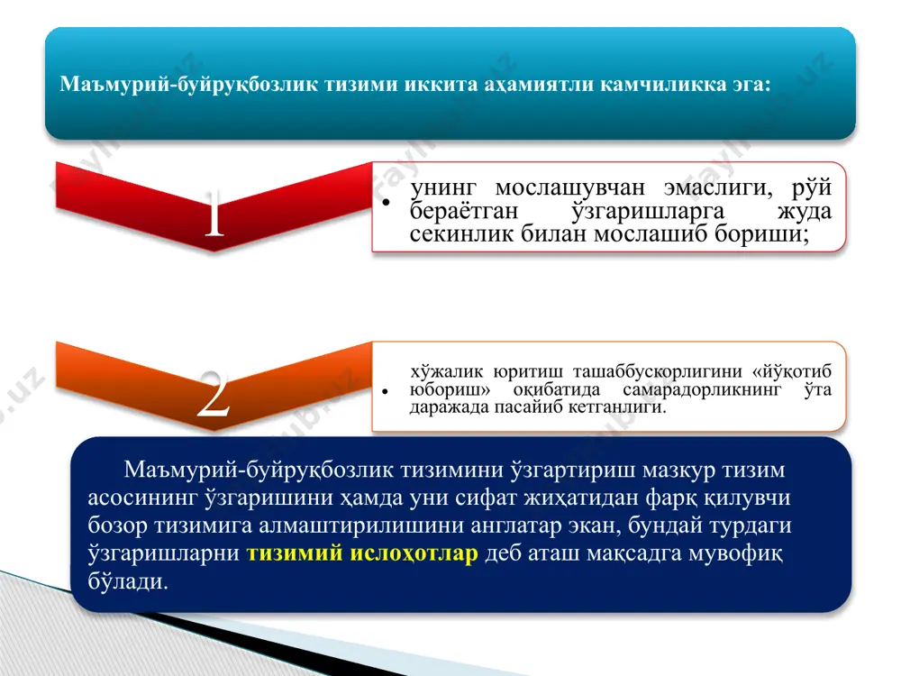 илади. 1 - мулкий муносабатларни ислоҳ қилиш; 2 - аграр ислоҳотлар; 3 - молия-кредит ва нарх-наво ислоҳоти; 4 - бошқариш тизимини ислоҳ қилиш ва бозор инфратузилмасини яратиш; 5 - ташқи иқтисодий алоқалар ислоҳоти; 6 - ижтимоий ислоҳотлар. 3. ўзбекистонда бозор ислоҳотларини амалга ошириш ва унинг асосий йўналишлари биринчи йўналиш бўйича товар-хомашё биржаси тизими ривожланди. бу, ўз навбатида, брокерлик ва дилерлик идоралари, савдо уйлари, воситачи фирмалар пайдо бўлишига олиб келди. иккинчи йўналишда капитал бозорининг ишини таъминлайдиган тузилмалар вужудга келтирилди. кредит ресурслари бозори ва валюта бозори вужудга келтирилди ҳамда давлатга қарашли бўлмаган суғурта компаниялари тузилди. учинчи йўналиш ишчи кучи бозорини шакллантиришдан иборат бўлиб, бу соҳада 240 дан ортиқ меҳнат биржасини ўз ичига олувчи катта тармоқ тузилди. республикада бозор инфратузилмасини яратиш бир қатор йўналишлар бўйича борди. биринчи йўналиш – нархлар эркинлаштирилиши ва пулнинг қадрсизланиш даражаси ортиб бориши муносабати билан даромадларнинг энг кам ва ўртача даражасини мунтазам ошириб бориш; иккинчи йўналиш – республиканинг ички …