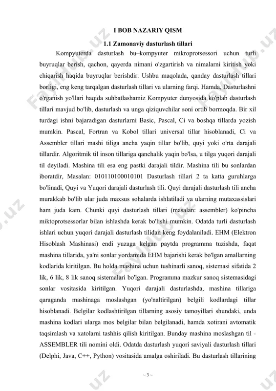 erak bo'lishi mumkin. odatda turli dasturlash ishlari uchun yuqori darajali dasturlash tilidan keng foydalaniladi. ehm (elektron hisoblash mashinasi) endi yuzaga kelgan paytda programma tuzishda, faqat mashina tillarida, ya'ni sonlar yordamida ehm bajarishi kerak bo'lgan amallarning kodlarida kiritilgan. bu holda mashina uchun tushinarli sanoq, sistemasi sifatida 2 lik, 6 lik, 8 lik sanoq sistemalari bo'lgan. programma mazkur sanoq sistemasidagi sonlar vositasida kiritilgan. yuqori darajali dasturlashda, mashina tillariga qaraganda mashinaga moslashgan (yo'naltirilgan) belgili kodlardagi tillar hisoblanadi. belgilar kodlashtirilgan tillarning asosiy tamoyillari shundaki, unda mashina kodlari ularga mos belgilar bilan belgilanadi, hamda xotirani avtomatik taqsimlash va xatolarni tashhis qilish kiritilgan. bunday mashina moslashgan til - assembler tili nomini oldi. odatda dasturlash yuqori saviyali dasturlash tillari (delphi, java, c++, python) vositasida amalga oshiriladi. bu dasturlash tillarining semantikasi odam tiliga yaqinligi tufayli dastur tuzish jarayoni ancha oson kechadi. ko'p ishlatiladigan dasturlash tillari. biz hozir biladigan va ishlatadigan tillarning barchasi shu guruhga mansub. ular insonga "tushunarli" …
