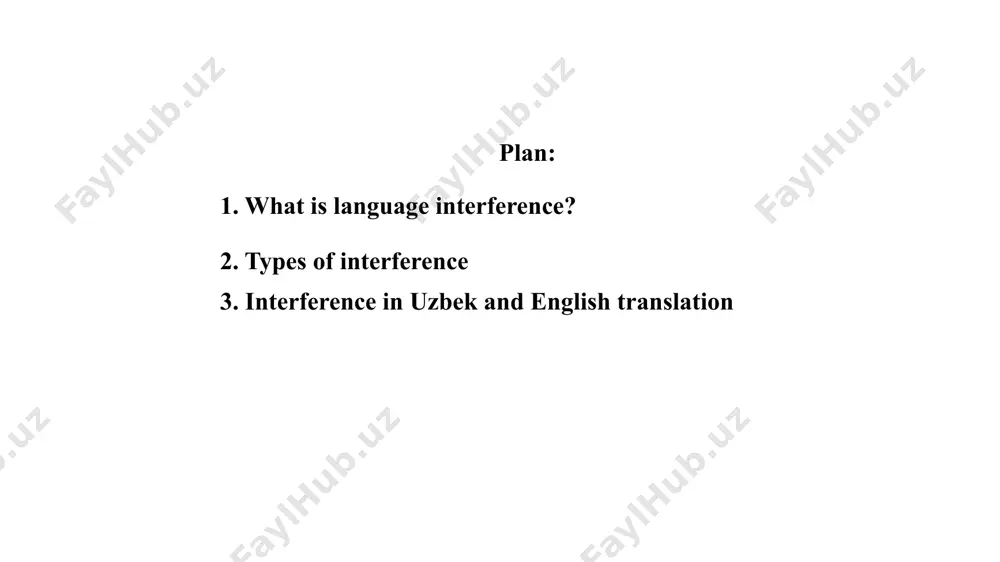 men emi bilan birga birga tamosha qilgan filmim edi. this is a grammatically incorrect construction. the determiner which connects two simple sentences in english. in uzbek, this determiner becomes a part of speech in a simple sentence. the omission of personal pronouns in uzbek can be considered a mistake in english: cho‘loq turna otasi sharpasidan ham o‘ziga yaqinlik, boshpana hissini tuygan... the lame crane felt feeling of warmth from father’s shade. 4. lexical interference – malla soch (brown hair – red hair); (oq soch - white hear (silver); katta o’g’il - big son). 5. semantic interference: u meni dasturxonga taklif qildi (he invited me to the table-cloth\ to the board room) 6. stylistic interference is the inappropriate use of any meaning of a polysemous word. for example, the verb to speak has the equivalent of the neutral style - "speak" (gapirmoq) and the conversational style of "tell" (aytib bermoq), "say" …