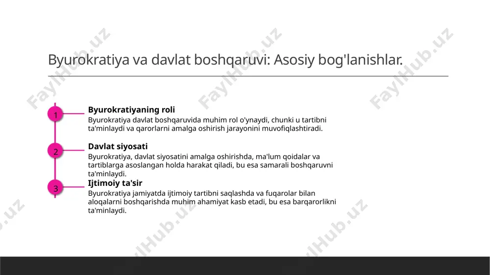 inda turadi. 2 o'zaro ta'sir byurokratiya va siyosat o'rtasidagi o'zaro ta'sir muhimdir. byurokratiya siyosiy qarorlarni bajaradi, siyosat esa byurokratiyaning yo'nalishini belgilaydi, bu jarayon bir-birini to'ldiradi. 3 ijtimoiy ahamiyat byurokratiya siyosatni amalga oshirishda jamiyat uchun zarur bo'lgan xizmatlarni taqdim etadi. bu esa fuqarolarni ishonchli va samarali boshqaruv bilan ta'minlaydi. siyosiy institut sifatida byurokratiyaning tarixi va rivojlanishi. 01 byurokratiyaning kelib chiqishi byurokratiya, qadimgi davlatlar davridan boshlab paydo bo'lgan. o'sha paytlarda davlatni boshqarish uchun maxsus tuzilmalar zarur edi. 02 tarixiy rivojlanish o'rta asrlarda byurokratiya rivojlanib, davlatning ma'muriy funksiyalarini yanada kuchaytirdi. bu davrda hukumatlar ko'proq tartib va nazoratga muhtoj edi. 03 zamonaviy byurokratiya 20-asrda byurokratiya global miqyosda kengayib, xalqlararo aloqalar va iqtisodiy tizimlarning shakllanishiga katta ta'sir ko'rsatdi. byurokratiya va davlat boshqaruvi: asosiy rollar va funksiyalar. byurokratiyaning roli byurokratiya davlat boshqaruvida muhim rol o'ynaydi, chunki u siyosiy qarorlarni amalga oshirish va davlat funksiyalarini samarali bajarish uchun zarurdir. funksiyalar va vazifalar byurokratiya, rejalashtirish, nazorat va amalga …