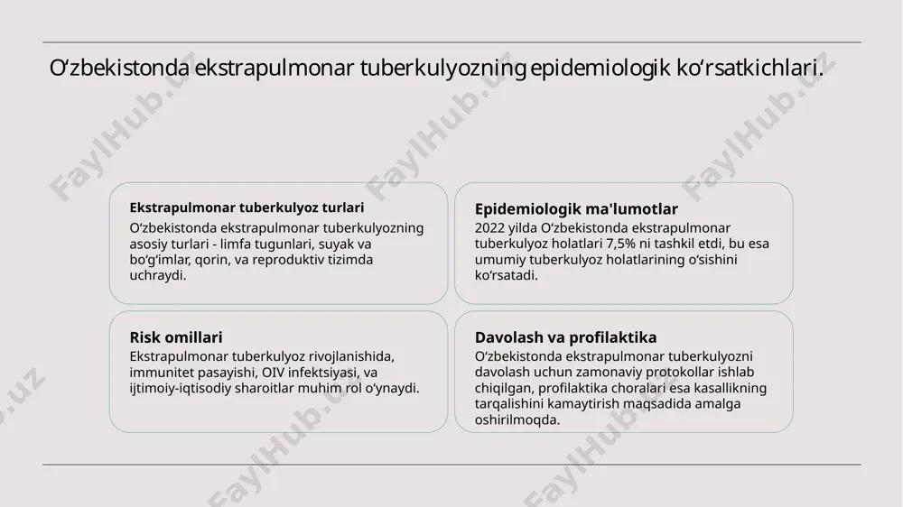 atga ega, kasallik tarqalishini kamaytirishga yordam beradi. ekstrapulmonar tuberkulyoz uchun tasviriy diagnostika usullarining ahamiyati. 01 tasviriy diagnostika ahamiyati ekstrapulmonar tuberkulyozni aniqlashda tasviriy diagnostika usullari muhim ahamiyatga ega, chunki ular kasallikning joylashuvi va og‘irligini aniqlashga yordam beradi. 02 rentgenogrammalar rentgenogrammalar ekstrapulmonar tuberkulyozni aniqlashda keng foydalaniladigan usuldir. ular ichki organlardagi o‘zgarishlarni aniqlashda samaradorligini ko‘rsatadi. 03 kompyuter tomografiyasi kompyuter tomografiyasi (kt) yuqori aniqlikdagi tasvirlarni beradi, bu esa ekstrapulmonar tuberkulyozning murakkab holatlarini aniqlashda juda foydali hisoblanadi. rentgenogramma va kompyuter tomografiyasining roli. 1 rentgenogrammaning roli rentgenogrammalar ekstrapulmonar tuberkulyozni aniqlashda muhim ahamiyatga ega. ular to‘qimalar va organlarning holatini vizualizatsiya qiladi, shuningdek, patologiyalarni aniqlashga yordam beradi. 2 kompyuter tomografiyasi kompyuter tomografiyasi (kt) yuqori aniqlikda tasvirlarni taqdim etadi, bu esa ekstrapulmonar tuberkulyozni chuqur o‘rganishga imkon beradi va qo‘shimcha ma'lumot beradi. 3 diagnostik samaradorlik rentgenogramma va kt ning kombinatsiyalangan qo‘llanilishi ekstrapulmonar tuberkulyozni aniqlashda diagnostik samaradorlikni oshiradi, bu esa davolashni yanada samarali rejalashtirishga yordam beradi. ultrasonografiya: ekstrapulmonar tuberkulyozni aniqlashda yangi …