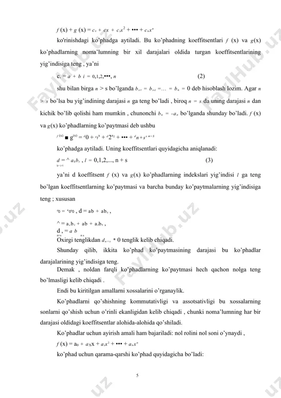 n. agar n s bo’lsin deb olaylik. f (x) = a0xn + axn-1 +... + anxx + an , a0 ^ 0 g(x) = b0xs + bxs-1 +... + bs lx + bs , b ^ 0 ko’phadlar berilgan bo’lsin. a f (x) - t° x"-g(x) = f1( x) (7) b0 deb olib , darajasi n dan kichik bo’lgan f (x) ko’phadni hosil qilamiz. hosil bo’lgan f (x) darajasini n va yuqori hadi koeffitsentini al0 orqali belgilaymiz.agar hali ham n > s bo’lsa , a f1( x) - a0 xn ~sg(x)=f2(x) (71) b0 deb olamiz. f2 (x) ko’phadning darajasini n2 va yuqori hadi koeffitsentini a20 orqali belgilaymiz. ravshanki , olishimizga ko’ra n n > n > ) sababli , chekli sondagi qadamdan so’ng albatta, ^ darajasi s dan kichik bo’lgan shunday fk (x) ko’phadga kelamizki , a fk—1(x) — -k—11 x"k—1—g(x) = fk(x) (7k-1) b0 bo’lib , yuqoridagi jarayonni shu …