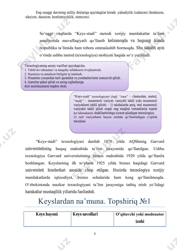 an muayyan elat yoki millatnikigagina mos tushar edi. binobarin, bu xildagi qadimgi dinlar milliy davlat xarakterida bo'lishi bilan boshqa din shakllaridan ajralib turgan. № 2 seminar mashg’ulot mavzu: 2-mavzu. milliy dinlar. ishning maqsadi: 1. milliy dinlarning taʼrifi. yahudiylik milliy dinining tarixi, muqaddas matnlari, teologik asoslari va marosimlari 2. hindiston milliy dinlari: vedalar, upanishada, braxmanizm va hinduilik. jaynizm va sikhizm ta’limotlari. 3. xitoy milliy dinlari: konfutsizm va daosizmning mohiyati. 4. yapon milliy dini sintoizmning paydo bo’lishi va rivojlanishi. 5. tangrichilik eʼtiqodi va zardushtiylik taʼlimotining mohiyati. avesto muqaddas manbasidagi g’oyalarning tarbiyaviy ahamiyati. 2 eng sunggi davrning milliy dinlariga quyidagilar kiradi: yahudiylik (iudaizm) (hinduizm, sikxizm, daosizm, konfutsiychilik, sintoizm). so‘nggi vaqtlarda “keys-stadi” metodi xorijiy mamlakatlar ta’limi amaliyotida muvaffaqiyatli qo‘llanib kelinmoqda va bugungi kunda respublika ta’limida ham tobora ommalashib bormoqda. shu sababli ayni o‘rinda ushbu metod (texnologiya) mohiyati haqida so‘z yuritiladi. “keys-stadi” texnologiyasi dastlab 1870 yilda aqshning garvard universitetining huquq maktabida ta’lim jarayonida qo‘llanilgan. ushbu …