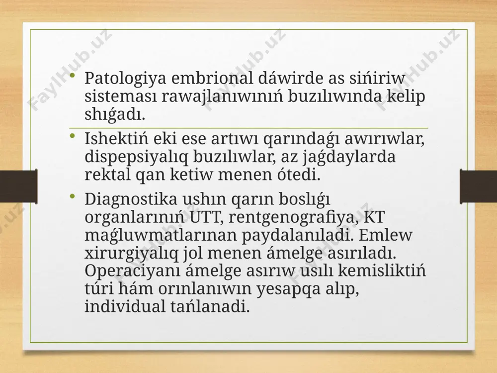 ı-waqtı menen shala sińgen awqat penen qusıwdan azap shegedi. simptomları jińishke ishektiń ekileniwinde de soǵan uqsas belgiler: qarın awırıwı, kewildiń aynıwı hám qusiw, qarın boslıǵında payda bolatuǵin ósimte kórinedi. bwl lokalizaciya ushın awqatlanıwdıń ózgeshelikleri hám basqa sırtqı faktorlar menen baylanıssız payda bolatuǵın xronik qabızlıqtıń payda bolıwı tipik bolıp esaplanadı. juwan ishektiń jaraqatlanıwınıń ózine tán simptomları bar: dárettin awırıp shıǵıwı, ishekti bosatıwǵa imperativ shaqırıwlar (tenezmler), dárette qan aralaspalarınıń payda bolıwı. asqınıwları ishektiń ekileniwinde tipik asqınıwı qan ketiwi bolıp esaplanadı. ol tamırlardıń ishektiń qosımsha bólimi menen qısılıwında, asqazan tipindegi silekey qabattıń ektopiyasınıń rawajlanıwında payda boladı. as sińiriw nayı kompressiyada ishek tutılıwı baqlanadı. kem jaǵdaylarda duplikaciya ishek invaginasiyasına sebep boladı. dublikatura diywalı isingen hám uzaq waqıt dawamında medicinalıq járdem kórilmegen jaǵdayda ishektiń jaralanıwı hám tesile baslawı múmkin. дыккатларыныз ушын рахмет!!! image5.png image6.png image7.jpeg image8.jpeg image3.png image4.png /docprops/thumbnail.jpeg