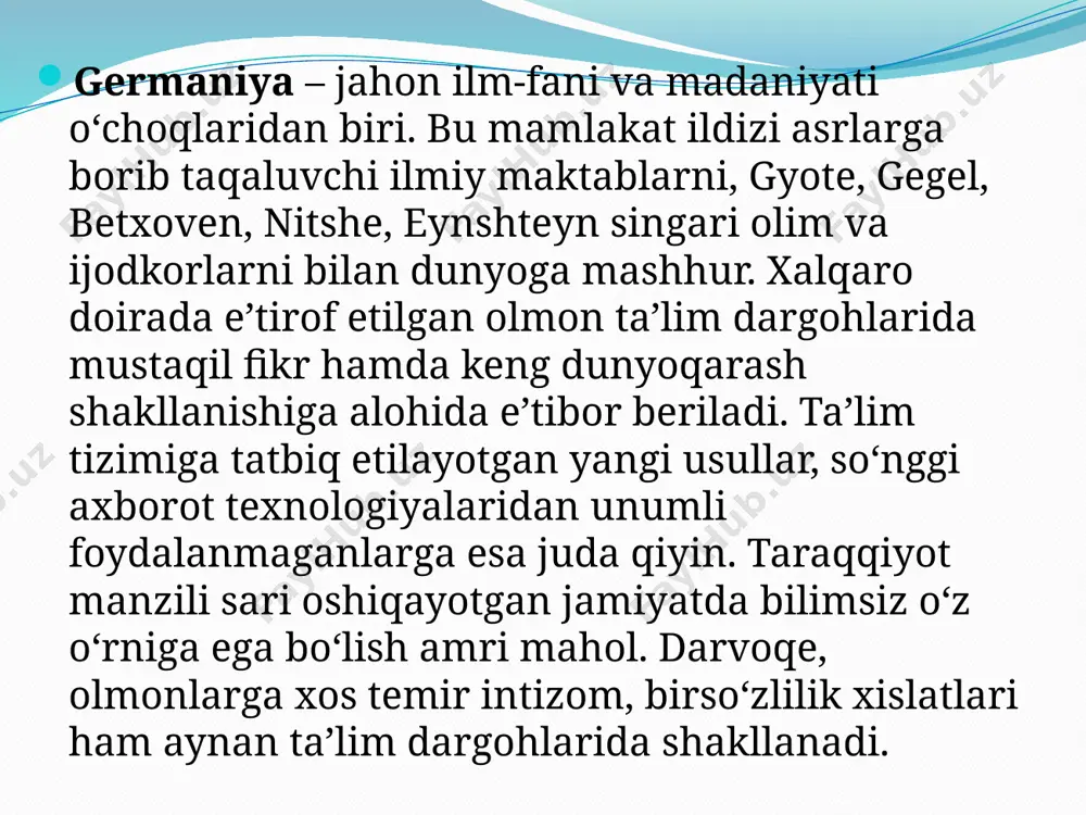 tihonsiz kiradi. chet elliklar esa o‘qishga kirish uchun nemis tili bo‘yicha imtihondan o‘tadi. universitetlarda bakalavr bosqichi to‘rt yarim yilgacha, magistratura bir yildan to‘rt yilgacha, doktorantura ikki yildan besh yilgacha davom etadi. odatda, bakalavriat va magistratura talabalari o‘qish yakunida davlat imtihoni topshiradi va dissertatsiya himoya qiladi. talaba o‘qish uchun qishki yoki yozgi o‘quv mavsumini tanlash huquqiga ega. yozgi mavsum aprel-sentabr, qishkisi esa oktabr-mart oylarini o‘z ichiga oladi. germaniya geydelberg, kyoln, frayburg, tyubingen kabi qadimiy universitetlar vatani hisoblanadi. 1386 yilda asos solingan geydelberg universiteti ko‘hna qitʼaning eng nufuzli oliy taʼlim dargohlari ro‘yxatiga kiritilgan. o‘rta asrlardayoq ushbu universitetga kirish yevropalik aslzodalarning orzusi bo‘lgan. germaniyaning moʻjazgina geydelberg shahrida joylashgan mazkur universitetning nufuzi hozir ham baland. bu yerdan gegel, yaspers kabi jahon tanigan olimlar, o‘nga yaqin nobel mukofoti egalari yetishib chiqqan. universitet yurisprudensiya, biologiya, kimyo, tibbiyot yo‘nalishlarida kuchli kadrlar tayyorlaydi. bu yerda o‘qiydigan 25 ming talabaning 12 foizi xorijliklardir. myunxendagi lyudvig-maksimillian universiteti yevropani tibbiyot bo‘yicha …