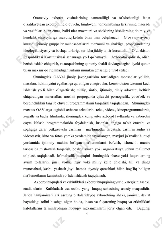 mish tarqatish, boshqa shaxe yoki organizatsiya uchun ma`lumot to`plash taqiqlanadi. jo`rnalistlik huquqini shuningdek shaxe yoki fuqarolarning ayrim toifalarini jinsi, yoshi, irqiy yoki milliy kelib chiqishi, tili va dinga munosabati, kasbi, yashash joyi, hamda siyosiy qarashlari bilan bog`liq bo`lgan ma`lumotlarini kamsitish yo`lida ishlatish taqiqlanadi. axborot huquqlari va erkinliklari axborot huquqining yuridik negizini tashkil etadi, ularin kafolatlash esa ushbu yangi huquq sohasining asosiy maqsadidir. jahon hamjamiyati xx asrning o`rtalaridayoq axborotning shaxs, jamiyat, davlat hayotidagi rolini hisobga olgan holda, inson va fuqaroning huquq va erkinliklari kafolatlarini ta`minlaydigan huquqiy mexanizmlarni joriy etgan edi. bugungi kunga kelib esa axborot huquqi alohida huquq sohasi sifatida shakllandi. axborot huquqlari va erkinliklari 1948 yilning 10 dekabrida bmt bosh assambleyasi tomonidan qabul qilingan inson huquqlari umumjahon deklaratsiyasida ilk bor e`tirof etilgan edi. jumladan, uning 11- moddasida ta`kidlanishicha, jinoyat sodir etganlikda ayblangan har bir inson himoya uchun barcha imkoniyatlar ta`minlangan holda, ochiq sudlov yo`li bilan uning aybi qonuniy tartibda aniqlanmagunicha …