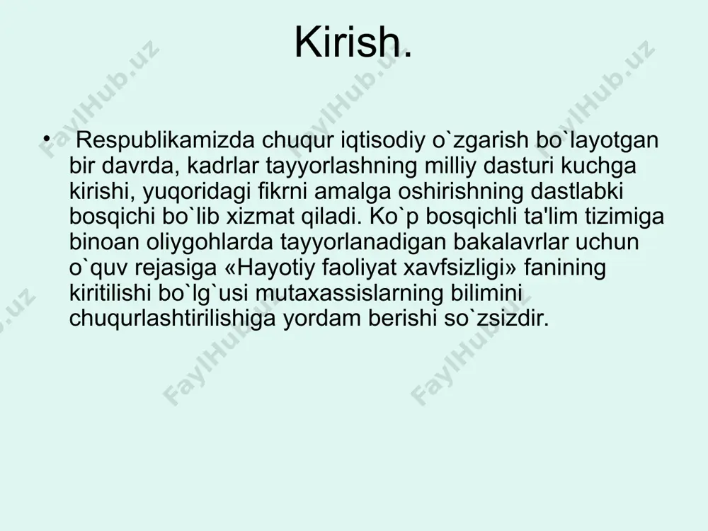 utlaqo xavfsiz faoliyat bo`lmasligiga asoslangan. xavfsizlikning umumiy nazariyasining tuzilishida tamoyil (printsip)lar va usullar ko`rilayotgan bilim sohasida aloqador to`g`rsida to`la tasavvur qilishga mеtodologik ahamiyatga ega. asos (nеgiz, printsip)-bu fikr, g`oya, maqsad (asosiy holatdir). usul-bu eng umumiy qonuniyatlarni bilish orqali maqsadga erishish yo`li. xavfsizlikni ta'minlash choralari – bu usullarni va asoslarni amaliy, tashkiliy, moddiy gavdalantirib amalga oshirishdir. asoslar, usullar, choralar – bu xavfsizlikni ta'min etishdagi mantiqiy pog`onalardir. ularni tanlab olish faoliyatning aniq sharoitlariga, xavfning darajasiga va boshqa mеzonlarga bog`liq. xavfsizlik – bu ayrim extimollarga asoslanib paydo bo`ladigan xavf-xatarlarni istisno etilgan faoliyat holatidir. xavfsizlik – bu maqsad, hfx bo`lsa shu maqsadga erishish uchun qo`llanadigan vositalar, yo`l-yo`riq, qo`llanmalar usullardir. hfx – bu xavf-xatarlarni o`rganish va insonni himoya qilishni o`rganadigan fandir. xavfsizlikni ta'minlashga quyidagi 3 xil usullar orqali erishiladi: a) gomosfеra va noksosfеrani fazoviy va vaqtiy ma'noda ajratib qo`yish, buni hal qilish uchun masofadan boshqarish, avtomatlashtirish, robotlashtirish vositalari yordamidan foydalaniladi. b) xavflarni yo`qotish yo`li bilan …