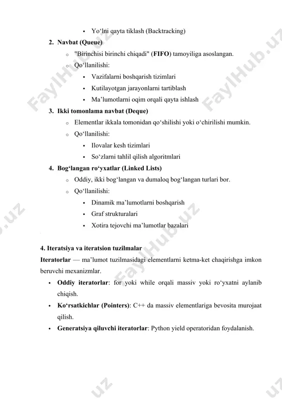 vchi mexanizmlar. · oddiy iteratorlar: for yoki while orqali massiv yoki ro‘yxatni aylanib chiqish. · ko‘rsatkichlar (pointers): c++ da massiv elementlariga bevosita murojaat qilish. · generatsiya qiluvchi iteratorlar: python yield operatoridan foydalanish. quyida python tilida har bir chiziqli ma'lumotlar tuzilmasi uchun misollari keltirilgan. 1. massiv (array) – list yordamida python'da massivlar list (ro‘yxat) sifatida ishlatiladi. python копироватьредактировать # massiv yaratish massiv = [10, 20, 30, 40, 50] # elementlarga murojaat print(massiv[0]) # 10 print(massiv[-1]) # 50 # yangi element qo'shish massiv.append(60) print(massiv) # [10, 20, 30, 40, 50, 60] # elementni olib tashlash massiv.remove(30) print(massiv) # [10, 20, 40, 50, 60] 2. bog‘langan ro‘yxat (linked list) # 1. har bir elementni saqlovchi class (node) class node: def __init__(self, data): self.data = data # hujayraning qiymati self.next = none # keyingi tugunni ko‘rsatish # 2. bog‘langan ro‘yxatni yaratish class linkedlist: def __init__(self): self.head = none # boshi yo‘q, boshlanishida bo‘sh ro‘yxat …