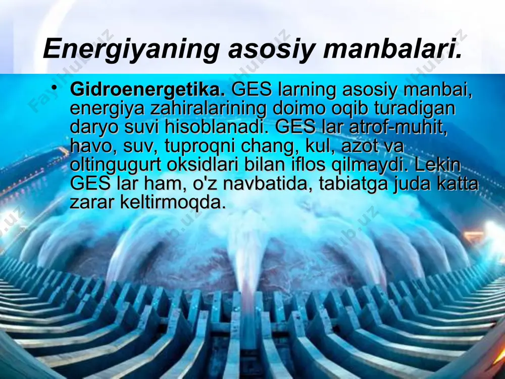 reagentlar qo'shiladi va keyin yoqilg'i sifatida ishlatiladi. atom energiyasidan foydalanish. atom energiyasi inson xayotida katta va mahkam o'rin oldi. butun dunyo atom energiyasiga oid tashkilotlarning keyingi ma'lumotiga ko'ra, dunyoda 430 dan ortiq aes bo'lib, ularning umumiy kuchi 3 mlrd kvt ga teng. atom elektrostansiyalari dunyoda elektr energiyaning 15% ini ishlab beradi. eng ko'p aes amerikada joylashgan, ya'ni dunyodagi aes larning yarmidan ko'pi aqsh da bo'lib, ular 101,4 mln. kvt energiya ishlab chiqaradi. bir necha mamlakatlarda aes energiya ishlab chiqarishda asosiy o'rinni egallaydi. masalan, bolgariyaning elektr energiyasi 30%, shvesariyaning 39%, belgiyaning 50%, fransiyaning 65% energiyasining aes energiyasi tashkil qiladi. sobiq ittifoq (37,1 mln kvt), yaponiya (29,3), kanada (11,8), ispaniya (7,5), tayvan (4,9), chexiya (3,2), hindiston (1,5 mln.kvt) kabi mamlakatlarda aes ishlaydi. 4. noan'anaviy energiya manbalari va ulardan foydalanish. geotermal energiya. yer osti geotermal - issiq suvlaridan issiqlik energiyasining manbai sifatida foydalanish atrof – muhitni toza bo'lishida juda katta ahamiyatga ega. sobiq …