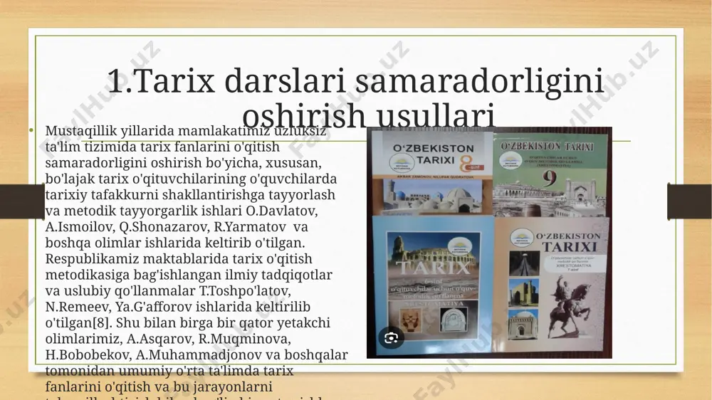 dikalari takomillashtiriladi; mexanizmlarni muvafaqqiyatli amalga oshirish natijalari asosida kelgusida tarix fanlarini o'qitishning yangicha shakl, usul va metodlari yaratiladi; klaster tizimida boshqa hamkorlik sub'ektlararo samarali o'qitish samaradorligiga olib kelgan loyiha va dasturlarni ommalashtiriladi; muassasa, sinf darajasidagi sog'lom raqobat muhiti shakllanadi va ta'lim sifati oshiriladi va b. tarix fanlarini o'qitish samaradorligini oshirishning integratsion mexanizmini tatbiq etish natijasida quyidagi istiqbollarga erishish mumkin: o'quv jarayonidagi ta'lim sifatini boshqarish tuzilmasi modernizatsiyalashgan ko'rinishda bo'ladi; mintaqaviy ta'lim muassasalari, pedagog kadrlar o'rtasida sog'lom raqobat muhiti takomillashadi; maktab bitiruvchilarning ta'limning keyingi bosqichiga ta'minlash samarasi rivojlanadi, bitiruvchilarningraqobatbardoshligi ortadi; ilmiy tadqiqot natijalarining samaradorligi ortadi o'quvchilarning rivojlanishini psixologik-pedagogik tahlil qilish asosida ta'lim sifatini nazorat qilish hamda ularning tarixiy bilimlar bo'yicha ijodiy va intellektual qobiliyatlarini shakllantirish uchun didaktik-uslubiy tizim yaratiladi; o'quvchi shaxsi, uning imkoniyatlari va qobiliyatlarini aniqlash va rivojlantirish uchun qo'shimcha dasturlar, hujjatlar to'plami shakllanadi; natijalarigao'quv dasturlari ko'ra o'quvchilar bilimlarining sifati oshiriladi. mini-leksiya o‘qituvchi 10-20 minut ichida ma’ruza o‘qiydi. o‘quvchilar diqqat bilan quloq …