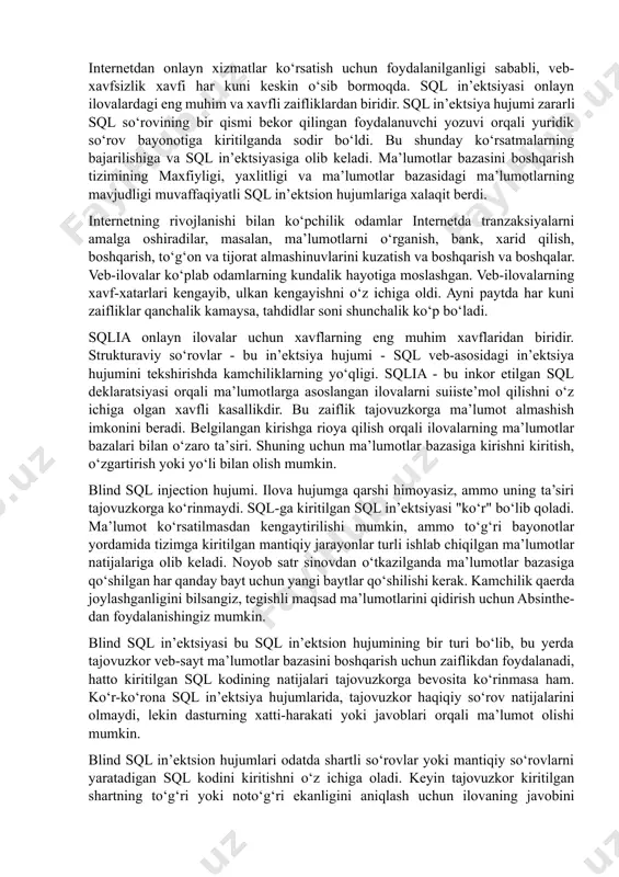 shilgan har qanday bayt uchun yangi baytlar qо‘shilishi kerak. kamchilik qaerda joylashganligini bilsangiz, tegishli maqsad ma’lumotlarini qidirish uchun absinthe-dan foydalanishingiz mumkin. blind sql in’ektsiyasi bu sql in’ektsion hujumining bir turi bо‘lib, bu yerda tajovuzkor veb-sayt ma’lumotlar bazasini boshqarish uchun zaiflikdan foydalanadi, hatto kiritilgan sql kodining natijalari tajovuzkorga bevosita kо‘rinmasa ham. kо‘r-kо‘rona sql in’ektsiya hujumlarida, tajovuzkor haqiqiy sо‘rov natijalarini olmaydi, lekin dasturning xatti-harakati yoki javoblari orqali ma’lumot olishi mumkin. blind sql in’ektsion hujumlari odatda shartli sо‘rovlar yoki mantiqiy sо‘rovlarni yaratadigan sql kodini kiritishni о‘z ichiga oladi. keyin tajovuzkor kiritilgan shartning tо‘g‘ri yoki notо‘g‘ri ekanligini aniqlash uchun ilovaning javobini kuzatishi mumkin. javobga asoslanib, tajovuzkor asta-sekin ma’lumotlar bazasidan ma’lumot olishi mumkin. blind sql in’ektsiya hujumlarini aniqlash va ulardan foydalanish odatiy sql hujumlariga qaraganda ancha qiyin bо‘lishi mumkin. ular kо‘pincha sinov va xato yondashuvini talab qiladi, bu erda tajovuzkor sql sо‘rovlarini maxsus shartlar bilan tuzadi va ma’lumot tо‘plash uchun ilovaning javobini tekshiradi. blind sql …