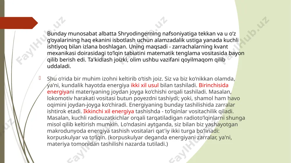 b chiqdi. -elektronlar doimiy ravishda harakatlanadi, ya'ni atom ichida sobit yoki aniqlangan holatga ega emas. -ushbu model elektronning joylashishini oldindan aytib bermaydi va atom ichida yuradigan yo'lini ham tasvirlamaydi. u faqat elektronni topish uchun ehtimollik zonasini o'rnatadi. -bu ehtimollik sohalari atom orbitallari deb ataladi. orbitallar atom yadrosi atrofida tarjima harakatini tavsiflaydi. -ushbu atom orbitallari har xil energiya darajasi va pastki darajalariga ega va ularni elektron bulutlar orasida aniqlash mumkin. -model yadroning barqarorligini o'ylamaydi, faqat atom ichidagi elektronlar harakati bilan bog'liq bo'lgan kvant mexanikasini tushuntirishni anglatadi. shredinger atom modeli xususiyatlari shredinger atom modeli zamonaviy atom modeli e’tiborigiz uchun raxmat image1.jpeg image2.png image3.png image4.png image5.png /docprops/thumbnail.jpeg