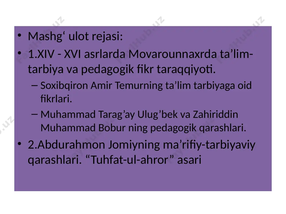 n, qazvin va marv shahrlarida bo‘lsa, mavoraunnahrning jand, xo‘jand, xiva, kat, gurganj, buxoro, samarqand va termiz8 shaharlarida edi. davlat ishlari va mahalliy munosabat tili fors, turkiy va turkman tillarida olib borilgan. xiii asrlarga kelib xorazmshohlar idora usulidan ustun turuvchi chingizxon (yasoq10) qonunlari ostida bir asrga qadar davom etgan istilolar chingizxon hukmronligi davrida va uning vafotidan keyin ham davom etdi. natijada qirqqa yaqin davlat mo‘g‘ullar tomonidan bosib olindi. shu jumladan, o‘rta osiyo hududi 1219 – 1221-yillarda istilo qilindi. xiii asrning 60-70 yillariga kelib, mo‘g‘ul imperiyasi aslida erondagi hulagiylar, movarounnahrdagi chig‘atoylar, rusiya, volga bo‘yi, ural va boshqa yerlar oltin o‘rda deyarli mustaqil qismlarga bo‘linib ketdi. ushbu asrning 80 yillarida madaniylanish kuzatildi. ularning tarafdorlari munqaxon (1251- 1259) va chig‘atoy ulusi noibi ma’sudbek (1238-1289)ning xizmatlari va pul islohoti natijasida xo‘jalik va iqtisodiy hayotda jonlanish sodir bo‘la boshlaydi. xii asrning ikkinchi yarmi va xiv asr birinchi yarmi oralig‘ida sharqda yashab, ijod etgan: shayxlar – najmiddin …