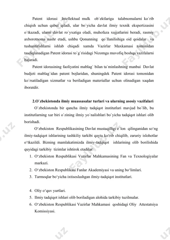shtiradi va davlat byudjetidan mablag‘ bilan ta`minlanishini tashkil etadi va bajarilishini nazorat etib boradi. bundan tashqari, zarur hollarda fan va texnikaga oid qonunlar bo‘yicha oliy majlisga, muhim qarorlar bo‘yicha vazirlar mahkamasiga kerakli takliflar kiritadi. o‘zbekiston respublikasi fanlar akademiyasi (1.1-rasm) mamlakatimizda fundamental va amaliy tadqiqotlar yo‘nalishida olib boriladigan ilmiy izlanishlarni muvofiqlashtirib boradi, ularning amaliyotga joriy etilishiga ko‘maklashadi, ilmiy jamoalar o‘rtasidagi aloqalarni tashkil etadi, xalqaro ilmiy aloqalarni o‘rnatadi va shunga o‘xshash vazifalarni amalga oshiradi. fanlar akademiyasining bo‘limlari va tarmoqlar bo‘yicha ixtisoslashgan institutlari fan(lar)ning konkret sohalari va yo‘nalishlari bo‘yicha kompleks ilmiy-tadqiqotlar olib boradilar, ularning ishlab-chiqarishga tadbiq etilishida ishtirok etadilar, ilmiy kadrlar tayyorlaydilar, turli ilmiy anjumanlar tashkil etadilar va o‘tkazadilar; mustaqil ravishda o‘z yo‘nalishlaridaga tadqiqotlar uchun investitsiyalarni davlat byudjetidan tashqari manbaalardan jalb etish bo‘yicha ishlarni amalga oshiradilar. fa tarmoq (soha) bo`limlari rasm. o‘zbekiston respublikasi fanlar akademiyasining tarkibiy tuzilishi oliy o‘quv yurtlarida birinchi darajadagi vazifa yuqori malakali bakalavr va magistr kadrlar tayyorlash bo‘lsa, keyingi o‘rindagisi …