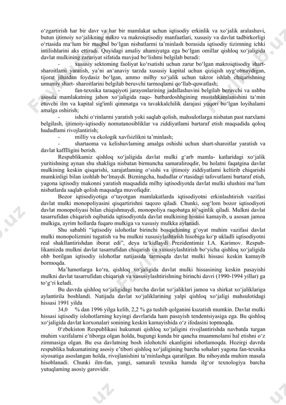 sh munosabatlarining uzviy bir bo'lagidir. mulkni faqat iqtisodiy kategoriya sifatida talqin etish bir tomonlama qarash bo‘lib qoladi, ayni paytda mulkni huquqiy kategoriya sifatida tushunish ham, bir tomonlamalikdan boshqa narsa emas. mulk ayni bir paytning o‘zida ham iqtisodiy kategoriya, ham huquqiy kategoriya sifatida namoyon bo‘ladi. biz yuqorida mulkni iqtisodiy kategoriya sifatida talqin etdik. ammo mulk aytib o‘tganimizdek, huquqiy kategoriya sifatida ham maydonga chiqadi, ya’ni iqtisodiy munosabatlar kimga, qaysi mulkka tegishliugi, mulk egalarining huquqlari nimalardan iborat ekanligi, ijara shartlari kabilar davlat qonunlari, 0‘zbekiston prezidenti farmonlari ko‘rinishini oladi. mulk huquqi, bu mulk egalari va egalari bo‘lmagan huquqiy va jismoniy shaxslar o‘rtasidagi o‘zaro munosabatlaming huquqiy jihatlarmi aniqlashtirib beruvchi qonun va qoidalaming davlat huquqiy hujjatlari va prezident faxmonlari bilan belgilab berilishidir. huquqiy qonunlar, shu jumladan, mulkdan foydalanish borasidagi qonunlar, mulkiy munosabatlar bo‘yicha huquqiy va jismoniy shaxslaming huquq va majburiyatlari qoidaga ko‘ra, allaqachon tarkib topgan iqtisodiy munosabatlami aks ettiradi. mulkiy munosabatlar ashyoviy munosabatlar tarzida huquqiy jihatdan …