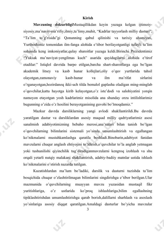 ar amalga oshirilgan emas. kurs ishining ob’ekti va predmeti: ushbu tadqiqotda obyekt qilib,5-11-sinflar hamda akademik litseylar uchun tayyorlangan adabiyot darsliklari olindi.uning predmeti esa darslik materiallari bilan chambarchas bog’liqlikda xarakterlanadi. kurs ishining maqsadi va vazifalari: tadqiqotdan ko’zlangan maqsad 5-11-sinflar hamda akademik litseylar darslik materiallarida taniqli ijodkor va jamoat arboblari hayoti va ijodi haqidagi materiallarning berilishi, asarlaridan keltirilgan materiallar, ular uchun ajratilgan soatlar miqdori,tuzilgan savol va topshiriqlar ustida ishlash ta’limiy o’yinlardan foydalanish hamda ularning o’quvchi bilim olishidagi ahamiyati kabi metodik masalarni o’rganishga qaratilgan. mazkur maqsadga erishish uchun quyidagi vazifalarni belgilab oldik: · umumiy o’rta ta’lim maktablari dastur va darslikdan berilgan mavzularni sinchiklab o’rganish; · adabiy ta’limda ta’limiy o’yinlardan foydalanish xususida mavjud manbalarni tahlil qilish; · talimiy o’yinlarning o’quvhci psixologiyasiga ta’siri yuzasidan bildirilgan mulohazalarni o’rganish; · o’quvchilarning yosh xususiyatlarini inobatga olgan holda adabiy ta’limni tashkil etish bo’yicha mulohazalarni yuitish: · adabiyot darslarida ta’limiy o’yinlardan foydalangan holda namunaviy dars ishlanmasi tayyorlash kurs ishining hajmi …