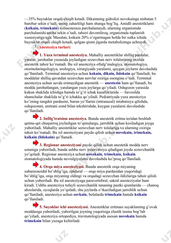 mda haroratga sezuvchanlik yo’qoladi. anestetiklar simpatik nerv tolalarini ham falajlaydi, yuborilgan joyda qon tomirlar kengayadi, harakatlantiruvchi nervlar ohirida sezuvchanlik yo’qoladi. mahalliy anestetiklar nerv tolaparining shvann po’stlog’idan o’tolmaydi, faqat qo’zg’aluvchanlik o’tadigan yo’llarni, ranvg’e tugunchalarini falajlaydi. anesteziya mahalliy anestetiklarning bevosita nerv to’qimalari bilan bog’lanishi tufayli kelib chiqadi. mahalliy anestetiklar nerv impulg’slari o’tishini markaziy hamda vegetativ gangliylarda falajlaydi. ular presinaptik tolalardan atsetilxolin, noradrenalinning ajralishiga to’sqinlik qiladi. mahalliy anestetiklar har xil anesteziya (yunoncha — an — inkor, anesthesis — sezuvchanlik) uchun, birinchi galda joylarda og’riqni bartaraf qilish uchun qo’llanadi. bular bolalarda kamroq, faqat tez o’tadigan, deyarli og’riq bermaydigan jarrohliklarni o’tkazish uchun qo’llanadi. bolalarda mahalliy anestetiklar ko’pincha umumiy narkoz moddalari bilan birga qo’llaniladi. mahalliy anestetiklarni farmakokinetikasi. kimyoviy tuzilishi jihatidan murakkab efirlarni (novokain, dikain) qondagi soxta xolinesteraza parchalaydi, ayniqsa novokain tez gidrolizga uchraydi. bunda novokain deyarli faol bo’lmagan paraminobenzoy kislota (pabk) hamda aminospirt — dietilaminetanolga (deae) parchalanadi. novokainning rezorbtiv tahsiri ushbu aminospirtga bog’liq. novokainning gidroliz mahsulotlari …