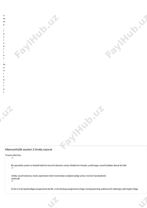 viruslar va zarar keltiruvchi dasturlarni tarqatish kanallari viruslar kodiga boshqarishni uzatish qidirishning passiv mexanizmlarini amalga oshiruvchi, yahni dasturiy fayllarga tuzoq qo’yuvchi viruslar kiberxavfsizlik asoslari 2-oraliq nazorat axborot himoyasi nuqtai nazaridan kompyuter tarmoqlarini nechta turga ajratish mumkin? korporativ va umumfoydalanuvchi regional, korporativ lokal, global shaharlararo, lokal, global kiberxavfsizlik asoslari 2-oraliq nazorat ethernet kontsentratori qanday vazifani bajaradi? kompyuterdan kelayotgan axborotni qolgan barcha kompyuterga yo’naltirib beradi kodlash kiberxavfsizlik asoslari 2-oraliq nazorat to’rtta bir-biri bilan bog’langan bog’lamlar strukturasi (kvadrat shaklida) qaysi topologiya turiga mansub xalqa to’liq bog’lanishli yulduz yacheykali kiberxavfsizlik asoslari 2-oraliq nazorat kompyuterning tashqi interfeysi deganda nima tushuniladi? kompyuter bilan tashqi qurilmani bog’lovchi simlar va ular orqali axborot almashinish qoidalari to’plamlari tashqi qurilmani kompyuterga bog’lashda ishlatiladigan ulovchi simlar kompyuterning tashqi portlari. tashqi qurilma bilan kompyuter o’rtasida axborot almashinish qoidalari to’plami kiberxavfsizlik asoslari 2-oraliq nazorat lokal tarmoqlarda keng tarqalgan topologiya turi qaysi yulduzsimon topologiya to’liq bog’langan topologiya xalqasimon topologiya umumiy shina topologiya kompyuterdan kelayotgan …
