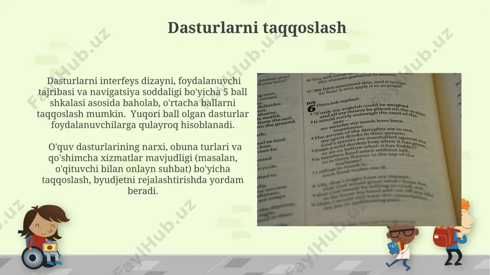 o'g'riligi bo'yicha 90% dan yuqori aniqlikka erishishi mumkin. turli bilim darajalari uchun dasturlar boshlang'ich, o'rta va yuqori darajalar uchun 15 ta dan ortiq call dasturi grammatika va yozma ko'nikmalarni rivojlantirish uchun turli xil mashqlar va testlarni taklif etadi. kamida 5 ta call dasturi, virtual muhitlar va suhbat simulyatsiyalari orqali og'zaki nutq ko'nikmalarini yaxshilashga qaratilgan bo'lib, foydalanuvchilarning 80% dan ko'prog'i ijobiy natijalarga erishgan. call dasturlarining umumiy tavsifi call dasturlari turli xil o'quv uslublarini, jumladan, interfaol mashqlar, o'yinlar va simulyatsiyalarni qo'llab-quvvatlaydi, bu esa 20 dan ortiq turli tillarda 5000 dan ortiq so'z boyligini o'zlashtirishga yordam beradi. ko'plab call dasturlari lug'atlar, grammatika qo'llanmalari va boshqa o'quv materiallariga kirishni ta'minlaydi, bu esa o'quv jarayonini yanada samarali va qulay qiladi, natijada o'rtacha 15% ga o'rganish tezligi oshadi. interaktiv mashqlar turlari dasturlarning aksariyati kamida 2 turdagi testlarni, jumladan, ko'p tanlovli va to'g'ri/noto'g'ri javoblarni taklif qilib, foydalanuvchining 5 balldan kamida 3 ball to'plashini talab qiladi. interaktiv mashqlar …