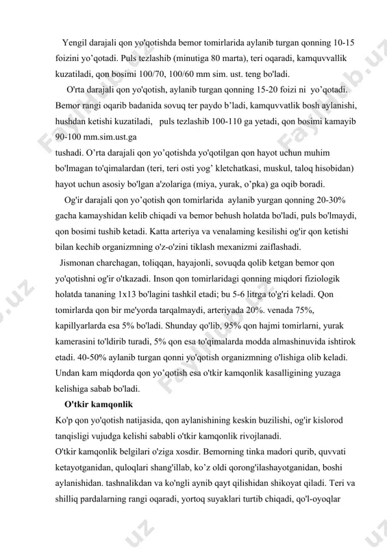 -oyoqlar muzdek bo'ladi va yopishqoq sovuq ter bosadi, tomiri sust uradi, temperatura tushib ketadi, nafas olishi tezlashadi, qon bosimi pasayib ketadi, qon oqishi tezda to'xtatilmasa, bemor o'ladi. o'tkir kamqonlik belgilari paydo bo'lishi bilanoq tezda yordam berish kerak. avvalo qon oqishini to'xtatish zarur. so'ngra qon va qon o'rnini bosuvchi suyuqliklar venaga yuboriladi. bemorga issiq choy, kofe ko'p ichiriladi. bunday hollarda bemorning qo'l va oyoqlarini yuqori ko'tarilib, boshini pastga tushirib yotqizish kerak (miyada qon aylanishi tezroq tiklanishi uchun)va tezda bemorni xirurgiya bo’limiga yuborish zarur. qon oqishini to'xtatish qon oqishini quyidagi usullar yordamida to'xtatish mumkin: 1) qon oqishining o'z-o'zidan to'xtatishi; 2) qon oqishini vaqtincha to'xtatish: 3) qon oqishini butunlay to'xtatish. qon oqishini to'xtatish yo'qotilgan qon o'rnini to'ldirish va patologik o'zgarishlarni yaxshilashga qaratiladi. qon oqishining o'z-o'zidan to'xtashi, kapillyarlar, mayda venalar yoki mayda arteriyalardan qon oqishi ko'pincha o'z-o'zidan to'xlab qoladi, chunki bunda organizmning bir qancha himoya mexanizmlari ta'sir ko'rsatadi. zararlangan tomirlaraning devori qisqaradi (reflektor spazm), …