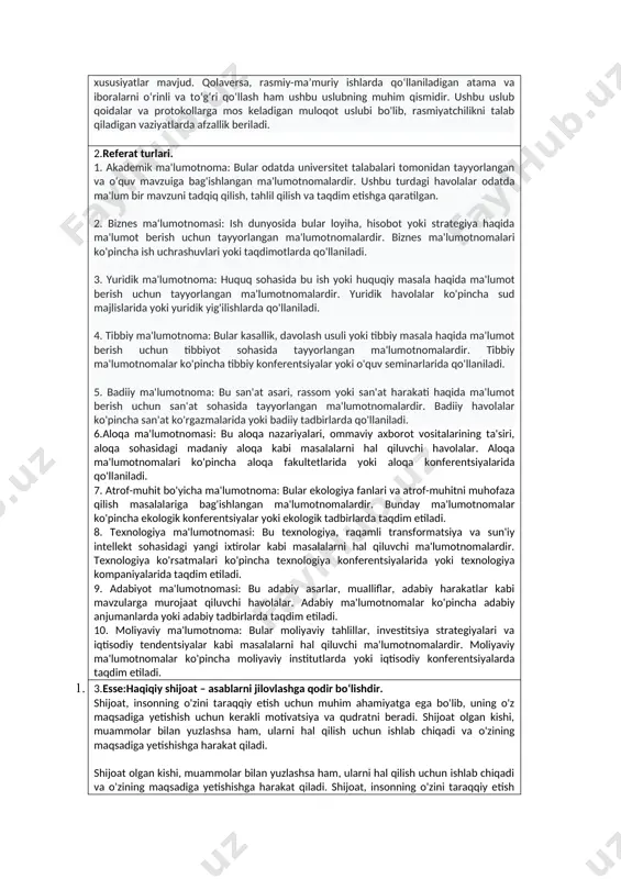 lari va ma'lumotlari haqida xavfsizlik beradi. 4. prezentatsiya konspekti: bu turdagi konspekt prezentatsiyalar uchun yaratiladi. prezentatsiya konspekti o'qituvchilar yoki ishchi doimiy ishlaydigan materiallarni tayyorlash uchun foydali bo'ladi. bu turdagi konspektlar har bir mavzuni tushunish, asosiy ma'lumotlarni belgilash va ma'lumotlarni tuzishda yordam beradi. 5-bilet 1.annotatsiya nima? annotatsiya - matn mazmunining qisqacha xulosasi yoki tushuntirishidir. bunday holda, ushbu matnda turizm sanoatida mavjud bo'lgan turli turlar va bu turlarning umumiy xususiyatlari tushuntiriladi. ushbu ma'lumot turizm sohasida ishlaydiganlar yoki turizmga qiziquvchilar uchun foydali bo'lishi mumkin. 2.matnning tarkibiy qismlariga nimalar kiradi? matnda turizm industriyasida mavjud turlarning har xil turlari va bu turlarning umumiy xususiyatlari tushuntiriladi. ushbu ma'lumot turizm sohasida ishlaydiganlar yoki turizmga qiziquvchilar uchun foydali bo'lishi mumkin. 3. esse yozish: turizm sanoati turli xil turlarni taklif qiladi. ulardan ba'zilari quyidagilardir: 1. madaniy sayohatlar: bu turlar odatda tarixiy va madaniy joylarni ziyorat qilishni o'z ichiga oladi. u muzeylar, tarixiy binolar, qadimiy xarobalar va an'anaviy festivallar kabi …