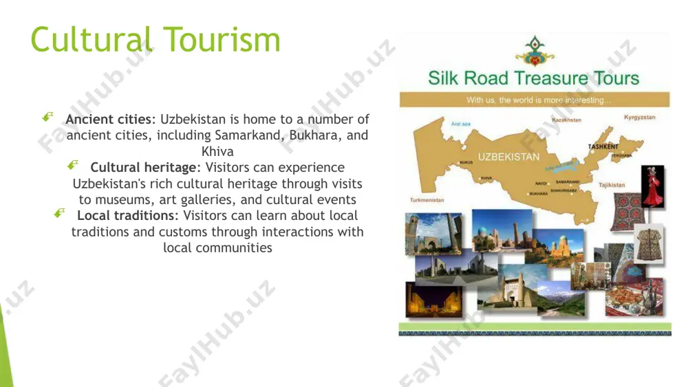 e, a community-based tourism initiative in the nuratau mountains has provided economic benefits for local communities while preserving cultural heritage and protecting the environment. efforts to restore the aral sea have also led to the development of ecotourism initiatives that provide economic benefits for local communities and promote environmental sustainability. conclusion uzbekistan has a wealth of natural resources, cultural heritage, and adventure opportunities that make it an attractive destination for ecotourism community-based tourism, sustainable accommodation, and wildlife tourism are important aspects of ecotourism in uzbekistan the government of uzbekistan has implemented policies and regulations to support the development of ecotourism in the country challenges facing ecotourism in uzbekistan include a lack of infrastructure and limited awareness, but solutions are available successful ecotourism initiatives in uzbekistan provide economic benefits for local communities while preserving cultural heritage and protecting the environment in conclusion, uzbekistan has a wealth of natural resources, cultural heritage, …