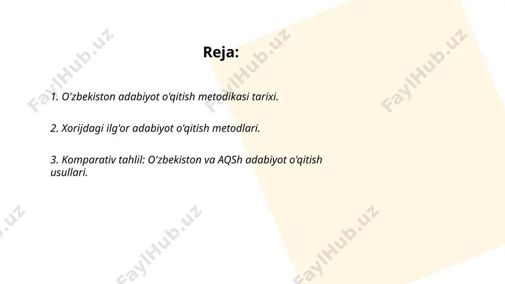 or beriladi, bu esa o‘quvchilarning matnlarni kengroq tushunishlariga yordam beradi. yaponiyada texnologiyalardan, ayniqsa, raqamli platformalardan faol foydalaniladi, bu esa interfaol darslarni tashkil qilish imkonini beradi. germaniyada talabalarning mustaqil tadqiqotlariga tayanish ko‘p tarqalgan bo‘lib, bu ularning o‘zini o‘zi rivojlantirish ko‘nikmalarini mustahkamlaydi. bu yondashuvlar uzluksiz baholash va shaxsiylashtirilgan o‘quv rejalariga ham katta ahamiyat beradi. ... t.me/slaydai_bot o‘zbekiston va aqshda adabiyot o‘qitish usullari o‘rtasida bir qator farqlar mavjud. o‘zbekistonda adabiyot o‘qitish an’anaviy metodlarga tayanadi, bunda ustoz-germetik yondashuv va klassik asarlar tahliliga ko‘proq urg‘u beriladi. darslarning asosiy qismi nazariyaga asoslangan. aqshda esa ko‘proq interfaol usullar, jumladan, muhokama, loyiha ishlari va yaratgan adabiy parchalar bilan ishlash keng qo‘llaniladi. o‘zbekistonda o‘quvchilarning badiiy asarlarni o‘rganishga ajratilgan haftalik soatlari odatda 2-3 soatni tashkil etsa, aqshda esa bu soatlar 1-2 soatni tashkil qilishi mumkin. har ikki mamlakatda ham milliy adabiyotga katta e’tibor beriladi. ... t.me/slaydai_bot 4. o'rta osiyoda adabiyot ta'limining xususiyatlari. o'rta osiyoda adabiyot ta'limi boy tarixga ega bo'lib, …