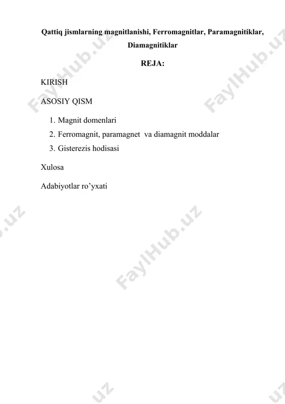 nadilar (164- rasm). tashqi magnit maydon bo'lmaganda domenlarning magnit momentlari ham betartib joylashgan bo'lib, bir-birlarini yo'qotadilar. tashqi maydonga kiritilganda esa maydon alohida atom va molekulalar-ni emas, balki domenlarni maydon bo'ylab yo'naltiradi. aynan shu sababli maydon kuchlanganligi ortishi bilan magnitlanish juda tez ortadi (163- rasm). domenlar o'z-o'zidan maydon bo'ylab joylashib qolishi mumkin. j axborotlarni magnit usulida yozish. ma'lumotlarni saqlash va uzatish muhim ahamiyatga egadir. ayniqsa tovushni va tasvirni yozib olish, so'ngra esa qayta eshitish va ko'rish bugungi turmush tarzimizning ajralmas bir qismi bo'lib qolgan. bularning hammasi qanday qilib amalga oshiriladi. yozib olish magnit lentalari yoki disklaridagi magnit tayoqchalarining tashqi maydon ta'sirida ma'lum tartibda joylashib qolishiga asoslangan. eshitish, ko'rish yoki o'qish uchun esa ular yana qaytadan maxsus vositaga ta'sir ko'rsatadi va o'sha magnit tayoqchalarining joylashuviga xos bo'lgan signallar qayta tiklanadi. bu jarayonni yaxshiroq tasawur qilish maqsadida magnitofonning ish prinsipi bilan tanishaylik(167-rasm).tovush to'lqinlari mikrofonda elektr tebranishlariga aylantiriladi va kerakli darajagacha kuchaytirilib yozish kallagi …