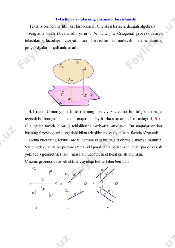 an bir xil og’ish burchak hosil qilsa, uning ikkita izi bir to’g’ri chiziqda yotadi. uchinchi izi esa proyeksiyalarini o’qi bilan 45° burchak hosil qiladi (4.3,v-rasm). a b v 4.3-rasm tekisliklarning proyeksiyalar tekisliklariga nisbatan vaziyatlari tekislik fazoda proyeksiyalar tekisliklariga nisbatan umumiy va xususiy vaziyatlarda joylashishi mumkin. umumiy vaziyatdagi tekisliklar. agar tekislik proyeksiyalar tekisliklarining birortasiga parallel yoki perpendikulyar bo’lmasa, uni umumiy vaziyatdagi tekislik deyiladi (4.3,a-rasm). chizmada umumiy vaziyatdagi tekislikning izlari proyeksiyalar o’qlari bilan ixtiyoriy burchak hosil qiladi. agar biror p tekislik proyeksiyalar tekisliklari bilan bir xil burchak hosil qilsa, uning ph ph va pv izlari ox o’qi bilan bir xil burchak hosil qiladi (4.3,b-rasm). tekislikning bosh chiziqlari tekislikning bosh chiziqlariga uning gorizontal va frontal chiziqlari kiradi. tekislikning gorizontali ta‟rif. tekislikka tegishli to’g’ri chiziq h tekisligiga parallel bo’lsa, bu to’g’ri chiziq tekislikning gorizontali deyiladi. bunda hp hamda h∥h bo’lsa, h to’g’ri chiziq p tekislikning gorizontal chizig’i bo’ladi. chizmada tekislik gorizontalining frontal proyeksiyasi ox …