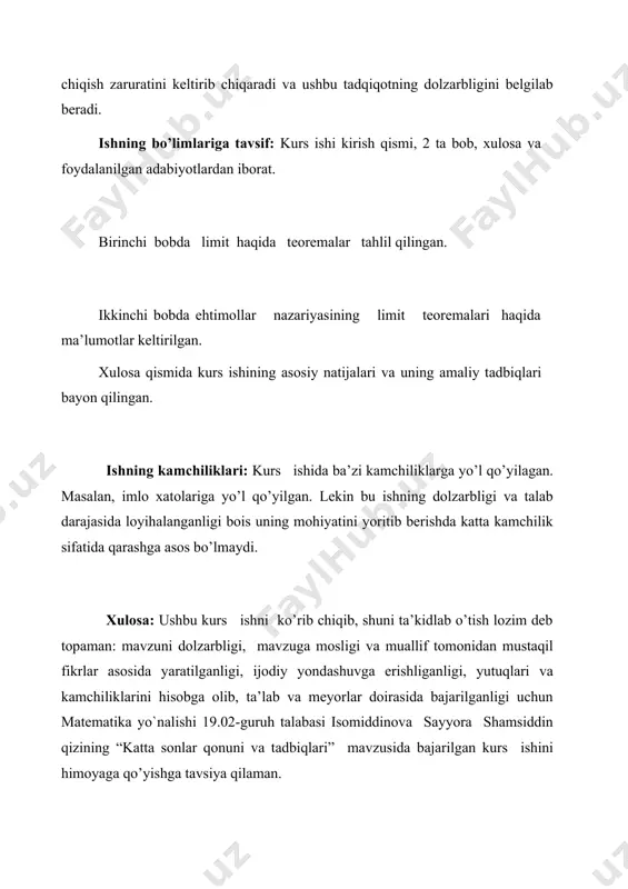 yora shamsiddin qizining “katta sonlar qonuni va tadbiqlari” mavzusida bajarilgan kurs ishini himoyaga qo’yishga tavsiya qilaman. ilmiy rahbar: xonqulov u “tasdiqlayman” matematika kafedrasi mudiri _________________________________(imzo, f.i.sh) “____” _______________________ 20______ yil kurs ishi bo’yicha topshiriq fanning nomi: ehtimollar nazariyasi va matematik statistika talaba: isomiddinova sayyora gurux: 19.02 1.kurs ishining mavzusi : katta sonlar qonuni va tadbiqlari 2. kurs ishi uchun boshlang’ich ma’lumotlar : ishi kirish, asosiy qism, xulosa va foydalanilgan adabiyotlar ro’yxatidan iborat 3. qo’llanmalar: аbdushukurov а.а. xi-kvadrat kriteriysi: nazariyasi va tatbiqi,o’zmu,2006. аbdushukurov а.а., azlarov t.a., djamirzayev a.a. ehtimollarnazariyasi va matematik statistikadan misol va masalalar to’plami. toshkent «universitet», 2003. azlarov t.a., abdushukurov a.a. ehtimollar nazariyasi va matematikstatistikadan inglizcha-ruscha-o’zbekcha lug’at. toshkent: «universitet», 2005. abdushukurov a.a. ehtimollar nazariyasi. ma‘ruzalar matni. toshkent:«universitet», 2000. бочаров п. п., печинкин а. в. теория вероятностей. математическая статистика. - 2-е изд. - м.: физматлит, 2005. 4. hisobiy izoh qismining mazmuni (ishlab chiqilishi lozim bo’lgan savollar ro’yxati)__________________________________________________________ __________________________________________________________________ __________________________________________________________________ 5. …