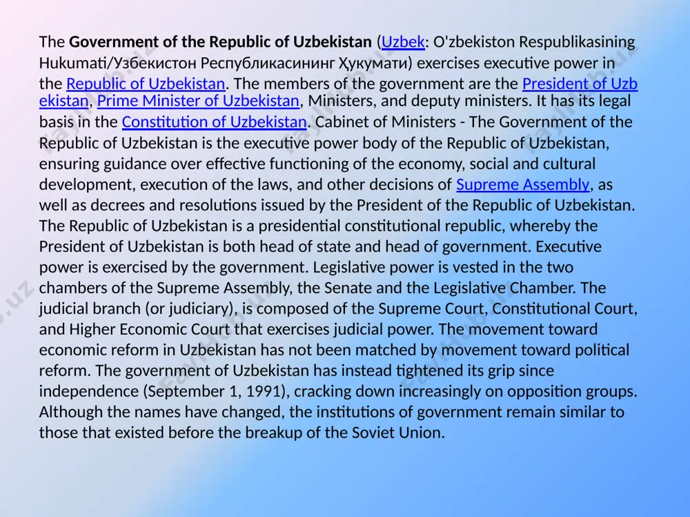 arge share of uzbekistan's population, although such a position may not be sustainable in the long run. despite the trappings of institutional change, the first years of independence saw more resistance than acceptance of the institutional changes required for democratic reform to take hold. whatever initial movement toward democracy existed in uzbekistan in the early days of independence seems to have been overcome by the inertia of the remaining soviet-style strong centralized leadership. cabinet of ministers - the government of the republic of uzbekistan is the executive power body of the republic of uzbekistan, ensuring guidance over effective functioning of the economy, social and cultural development, execution of the laws, and other decisions of oliy majlis, as well as decrees and resolutions issued by the president of the republic of uzbekistan. the cabinet of ministers has a right of legislative initiative. the cabinet of ministers in its activity is guided …