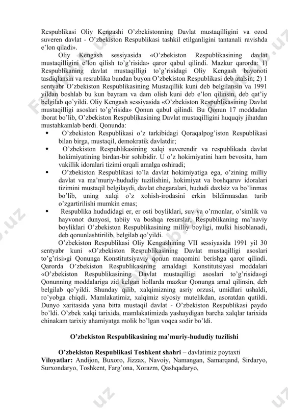hiqishga, uning markaziy organlaridagi o’z vakillarini chaqirib olishga qaror qildi. 1991 yil 31 avgust kuni o’zbekiston respublikasi oliy ken-gashining navbatdan tashqari tarixiy oltinchi sessiyasi bo’lib o’tdi. sessiyada o’zbekiston prezidenti i.karimov nutq so’zlab, sobiq ittifoqda so’ngi paytlarda yuz bergan ijtimoiy-siyosiy voqealarni, davlat to’ntarishiga urinish oqibatlarini tahlil qilib, ular o’zbekiston taqdiriga, xalqimiz tarixiga bevosita daxldor ekanligini har tomonlama asoslab berdi. vaziyatdan kelib chiqqan holda, o’zbekiston respublikasining davlat mustaqilligini e’lon qildi va uni mastaqillik to’g’risidagi qonun bilan mustahkamlashni taklif qildi. sessiyada «o’zbekiston respublikasining davlat mustaqilligi to’g’risidagi oliy kengash bayonoti» qabul qilindi. bayonotda bunday deyilgan edi : «mustaqillik deklaratsiyasini amalga oshira borib, o’zbekiston sovet sotsialistik respublikasi oliy kengashi o’zbekistonning davlat mustaqilligini va ozod suveren davlat - o’zbekiston respublikasi tashkil etilganligini tantanali ravishda e’lon qiladi». oliy kengash sessiyasida «o’zbekiston respublikasining davlat mustaqilligini e’lon qilish to’g’risida» qaror qabul qilindi. mazkur qarorda: 1) respublikaning davlat mustaqilligi to’g’risidagi oliy kengash bayonoti tasdiqlansin va resrublika bundan buyon o’zbekiston respublikasi …