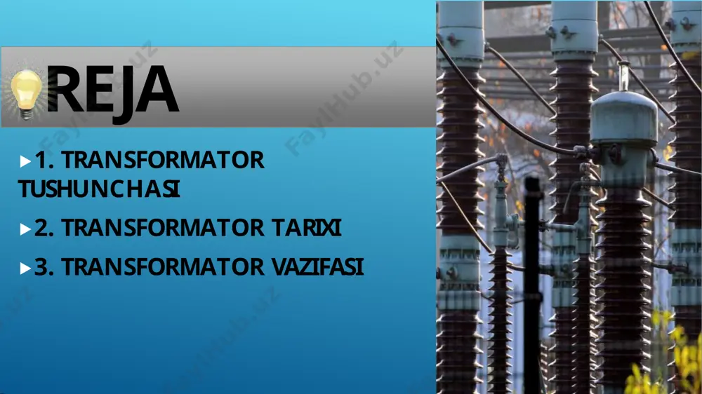 etildi ⯈elektr transformatorni birinchi bo’lib p.n. yablochkov (1876y) va i.f.usagin (1882y) yaratgan va amalda ishlatgan ⯈m.o. dolivodobrovolskiy 1890-yilda uch fazali elektr transformatorni yaratdi transformator bajarish vazifasiga qarab quyidagi turlarga bo’linadi ⯈ elektr energiyasini uzatish va taqsimlash uchun mo’ljallangan katta quvvatli (uch fazali) transformatorlar ⯈ kerakli joyda kuchlanishni keng doirada o’zgartirib berish va dvigatellarni ishga tushirish uchun mo’ljallangan avtotransmatorlar ⯈ taqsimlash tarmoqlaridagi kuchlanishni rostlab turish uchun mo’ljallangan induktsion rostlagichlar ⯈ o’lchov asboblari va himoya vositalarini sxemalarga ulash uchun mo’ljallangan o’lchov transformatorlar. ⯈ payvandlash, qizdirish pechlari sinov, to’g’rilash va hakozolar uchun mo’ljallangan maxsus transformatorlar. bir fazali transformatorning sxemasi zн r0 r1 u1 i0 x0 x1 x2 r2 e1 u2 e1=e2 i2 i1 cho’lg’am u1 i1 i2 u2 380/220в k-transformatsiya kaeffitsenti k  e1  w1  u1 e2 w2 u2 ⯈agar k>1 bo’lsa kuchaytiruvchi ⯈agar k<1 bo’lsa kamaytiruvchi u1i1  u2i2 e’tiboringiz uchun katta rahmat! image10.png image11.png image12.png image13.jpeg image2.png image3.png image4.png …