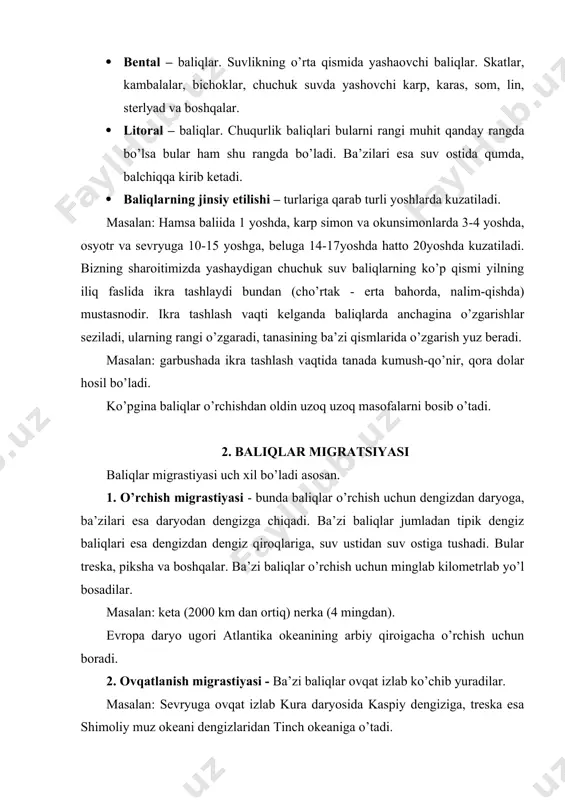 bo’ladi. baliqlar juda ko’plab suvga ikra tashlaydi. baliqlar qancha ikra tashlashi ularni avlodiga amxo’rlik qilish bilan xarakterlanadi. ba’zi baliqlar tuxumini maxsus yamalarga ko’yadi, ba’zilari esa suv osti qumlari, balchiqlar ostiga qo’yadi shuning uchun (garbusha 1-2 ming ikra, keta 2-5 ming ikra, semga 6-20 ming ikra tashlaydi. sevryuga – 400 ming, osyotr 400-2500 ming, beluga 300-800 ming, sudak 300-900 ming, sazan 400-1500 ming, treska 2500-10 mlngacha ikra tashlaydi). baliqlarni yoshi turlicha bo’ladi. masalan: beluga – 100 yilgacha, kambalalar 60 yilgacha sazon 16 yilgacha yashagani ma’lum. 4. baliqlarni iqtisodiy axamiyati. baliqlarni planetamiz bo’yicha iqtisodiy ahamiyati nihoyatda katta. hayvonlardan olinadigan jamiki mahsulotlarning 17 %i baliqlarga to’ri keladi. baliqlardan oziq ovqat maxsulotlaridan tashqari ular qoldiqlardan hayvonlarga berish uchun “baliq uni” tayyorlanadi. ko’pgina turlari jigaridan (treskasimonlar, akulalar) shifobaxsh va texnik baliq yoi olinadi. tangalaridan sun’iy sadaf olinadi. akulalar, skatlar, som, beluga, ketalar terisi teri-galenteriya sanoati uchun qimmatli hom ashyo hisoblanadi. baliqlardan olinadigan ikra eng to’yimli …