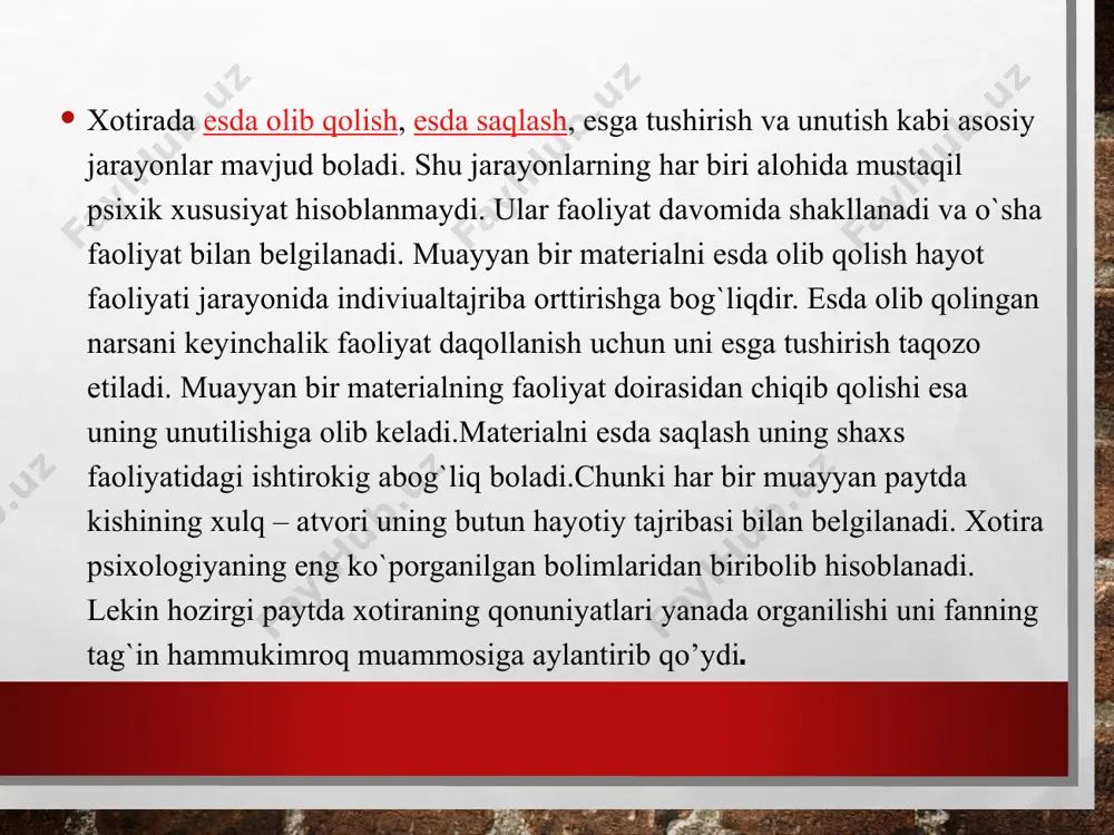 oshirilayotganligidan doim xabar berib turadi. shuning uchun har bir kishining xayoti va faoliyatida emotsional xotira juda katta axamiyatga egadir. biz boshimizdan kechirgan va xotiramizda saqlab qolgan xissiyotlar va harakatga undovchi yoki o’tmishda salbiy kechinmalarga ega bo’lgan harakatlardan saqlab qoluvchi signal tarzida namoyon bo’ladi. www.arxiv.uz foydalanilgan adabiyotlar · umumiy psixologiya. t.: o’qituvchi, 1992. – 512 s. · nemov r.s. psixologiya kn. m.: prosveshenie – 1994. – 576 s. · g`oziev e. psixologiya. t.: o’qituvchi, 1994 – 300 b. · klimov e.a. osnovi psixologii. ucheb. m.: yuniti, 1997. – 295 s. · godfrua j. chto takoe psixologiya. t. m.: mir. 1992 – 496 s. · karimova v.m. “ijtimoiy psixologiya asoslari” t. 2004y. · g`oziev e. “shaxs psixologiyasi” t. 2004y. www.arxiv.uz e’tiboringiz uchun raxmat! image3.jpg image4.jpeg image5.emf image9.jpeg image6.jpeg image7.jpeg image8.jpeg image12.jpeg image10.jpeg image11.jpeg image13.jpeg image14.jpeg image15.jpeg image16.jpeg