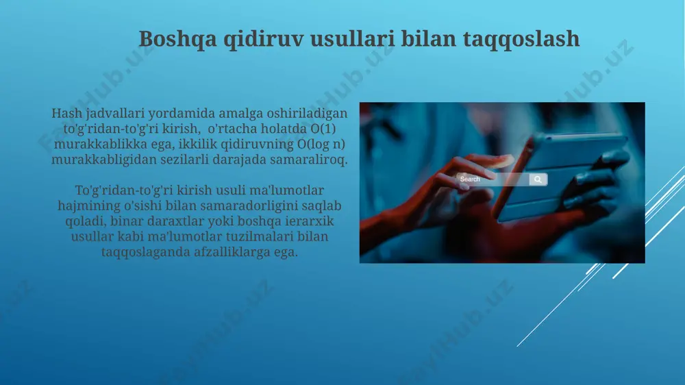 r muammosini hisobga olish kerak. taqvoslash va optimallashtirish taqvoslash tezligini 30% ga oshirish uchun indekslash strategiyasini o'zgartirish va so'rovlarni optimallashtirish algoritmlarini qo'llash mumkin. hash funksiyasining tanlovi muhim rol o'ynaydi. taqvoslash va optimallashtirishdagi muvaffaqiyat ko'rsatkichlari sifatida o'rtacha so'rov bajarilish vaqti (ms) va muvaffaqiyatli so'rovlar soni (1000 dan ortiq) ko'rib chiqilishi mumkin. kelajakdagi yo'nalishlar mashinani o'rgatish algoritmlari va chuqur o'rganish texnologiyalaridan foydalanib, qidiruv samaradorligini 20% ga oshirish va aniqlikni 95% ga yetkazish maqsad qilingan. nosimmetrik kalitlarni qo'llash orqali xavfsizlikni kuchaytirish va 5g tarmoqlari orqali tezkor ma'lumot almashinuvini ta'minlash bo'yicha yangi algoritmlar ishlab chiqish muhim ahamiyat kasb etadi. amaldagi qo'llanmalar amaldagi qo'llanmalarda o'rtacha 5 dan 10 tagacha turli xil indekslash usullari, shu jumladan b-daraxti va xesh-jadvallarni qo'llash bo'yicha ko'rsatmalar mavjud. ba'zi qo'llanmalar 100 000 dan ortiq yozuvlarni qayta ishlash uchun optimallashtirilgan algoritmlar va ma'lumotlar tuzilmalari haqida batafsil ma'lumot beradi. e'tiboringiz uchun rahmat @taqdimot_robot image1.jpg image2.jpg image3.jpg image4.jpg image5.jpg image6.jpg image7.jpg image8.jpg image9.jpg image10.jpg …