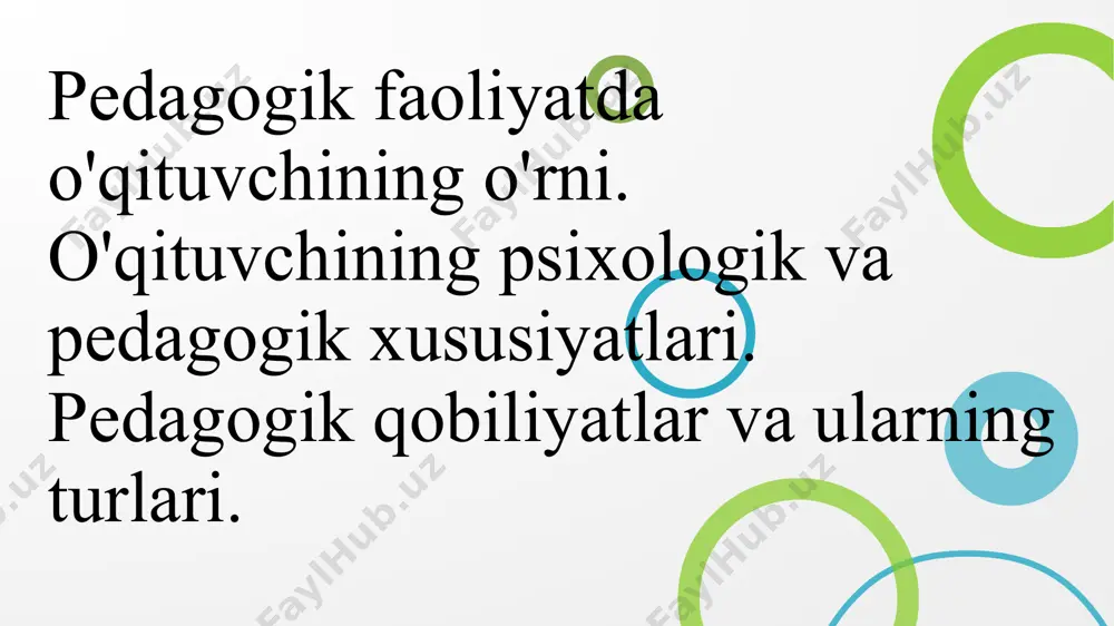 u o‘qituvchining pedagogik faoliyatni samarali amalga oshirishga imkon beradigan individual psixologik xususiyatlar majmuidir. bu qobiliyatlar o‘qituvchining o‘z vazifasini muvaffaqiyatli bajarishiga, o‘quvchilarning rivojlanishiga ijobiy ta’sir ko‘rsatadi. har bir o‘qituvchi pedagogik qobiliyatni o‘zida shakllantirib, uni muntazam rivojlantirib borishi kerak. didaktik qobiliyat – materialni tushunarli va ta’sirli yetkazish. tashkiliy qobiliyat – guruhni boshqarish, tartib o‘rnatish. kommunikativ qobiliyat – turli yoshdagi insonlar bilan samarali muloqot. perseptiv qobiliyat – o‘quvchilarning ichki holatini tushunish. sug‘uruvchi qobiliyat – o‘quvchiga ta’sir o‘tkazish, ularni rag‘batlantirish. ijodiy qobiliyat – darslarni qiziqarli, kreativ tashkil eta olish. pedagogik mahorat – bu o‘qituvchining o‘z kasbiy faoliyatini yuqori saviyada, ijodkorlik bilan amalga oshirish qobiliyati. u quyidagi tarkibiy qismlardan iborat: kasbiy bilimlar va malakalar; nutq madaniyati; estetik did; didaktik va metodik vositalarni tanlash qobiliyati; rivojlanishga tayyorlik va o‘z-o‘zini baholash qobiliyati. bugungi kunda o‘qituvchi nafaqat bilim manbai, balki motivator, lider, psixolog ham bo‘lishi lozim. undan quyidagi sifatlar talab qilinadi: kompyuter savodxonligi; interaktiv dars o‘ta olish; yangi …