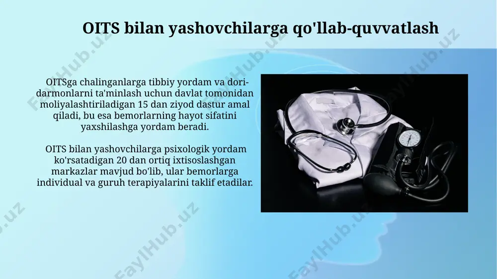 – oitsning klinik ko'rinishi, 5-10 yildan keyin boshlanishi mumkin va limfadenopatiya, og'iz bo'shlig'i kandidozi, yiringli teri kasalliklari kabi alomatlar bilan namoyon bo'ladi. oitsning birinchi bosqichi, oiv infektsiyasi davri, odatda simptomlarsiz o'tadi va qon tahlillari orqali aniqlanadi, bu davr 10 yildan ortiq davom etishi mumkin. xavfsiz jinsiy aloqa ko'p sherik bilan jinsiy aloqada bo'lish oits yuqish xavfini sezilarli darajada oshiradi, shuning uchun monogamiya oits profilaktikasining muhim jihati hisoblanadi. kondomlardan foydalanish oits yuqishi xavfini 98% gacha kamaytiradi, bu xavfsiz jinsiy aloqa vositalaridan eng samaralisidir. oits davolash usullari haart terapiyasi tarkibida turli xil dori-darmonlarning kombinatsiyasi qo'llaniladi, bu virusning mutatsiyalanishiga va dori-darmonlarga chidamlilikka yo'l qo'ymaslik uchun juda muhimdir. oitsni davolashda yuqori faol antiretrovirus terapiyasi (yaart) 90% dan ortiq virus yukini bostiradi va immun tizimini mustahkamlashga yordam beradi, bemorlarning umr ko'rishini sezilarli darajada oshiradi. e'tiboringiz uchun rahmat @taqdimot_robot image2.jpg image3.jpg image4.jpg image5.jpg image6.jpg image7.jpg image8.jpg image9.jpg image10.jpg image11.jpg image12.jpg image13.jpg image14.jpg image15.jpg image16.jpg image17.jpg image18.jpg …