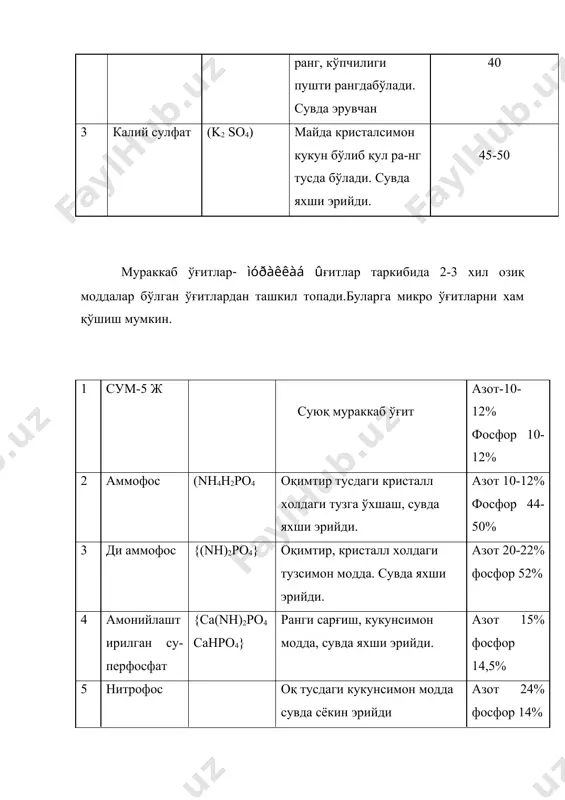 ачилик институти тавсиясига биноан типик бўз тупроқли ерларда хосилдорлигига қараб қуйидагича: 15-20 га.ғц. -100; 20-25 гағц-150; 25-30гағц.-200; 30-35 гағц.-250; 35-40 гағц.-300; 40-45 гаэғц.-350 кг ва шунга яраша фосфор ва калий берилмоқда. гектаридан 45-50 ц. хосил етиштираётган илғор хўжаликлар ва бригадаларда гектарига 300-350 кг. азот ва шунга яраша фосфор, калий берилмоқда. ўғитлардаги соф моддалар миқдори қуйидагича: соф холдаги ўғит нормаси кг.га суперфосфат 14% ли 19% ли 34 % ли амиакли селитра 20,5% ли амоний сульфат 46% ли қарбо-мид мочевина 40% ли калий тузи 60% калий хлорид 5 35 25 15 24.5 11 12.5 8.3 10 71 52 30 49 22 25 17 15 107 78 45 74 33 37 25.3 20 142 104 60 98 43 50 33 30 213 156 90 147 65 75 50 40 284 208 120 196 87 100 67 50 335 260 150 245 109 125 83 100 710 520 300 490 218 250 170 150 …