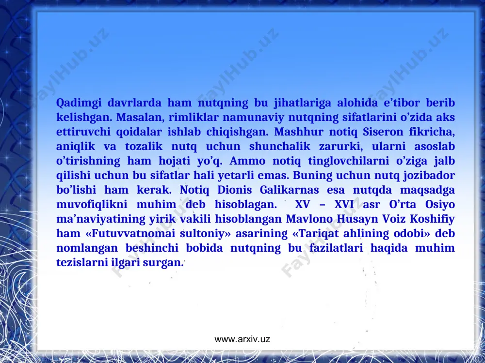 unday hodisa kuzatiladi. masalan, olma so’zini olaylik. bu so’zni alohida, urg’usiz olib qaraganda uning qanday ma’no anglatayotganini bilish qiyin bo’ladi. urg’u esa undagi ma’noning reallashuviga ko’maklashadi, ya’ni o*lma tarzida urg’u birinchi bo’g’inga tushganda harakat, olma* tarzida oxirgi bo’g’inga tushganda esa mevaning bir turi ma’nosi anglashiladi. tilimizda bunday so’zlar anchagina: qa*tlama – qatlama*, ho*zir – hozi*r, yigitcha* – yigi*tcha, o’quvchi*miz – o’quvchimi*z, ya*ngi – yangi* kabi. so’zlardagi bu xususiyatlarni farqlamasdan, urg’uni noto’g’ri qo’llash so’zlardagi ma’noning buzilishiga olib keladi. so’zlar talaffuzidagi bu kabi holatlarga, ayniqsa maorif va madaniyat xodimlari e’tibor berishlari va boshqalarga o’rnak bo’lishlari lozim. www.arxiv.uz www.arxiv.uz biz hozir urg’uning so’zlardagi qaysi bo’g’inlarga tushishi bilan ma’noning farqlanishi mumkinligini ko’rdik. shu holat gaplar doirasida ham kuzatiladi. gap tarkibidagi so’zlarni alohida urg’u bilan qo’llash ham gap mazmunining va ottenkasining o’zgarishiga sabab bo’lishi mumkin. masalan, men choy ichdim gapida kim ichganligi, nima ichganligi yoki nima ish qilinganligi nazarga olinib, gapdagi so’zlarning har uchalasidan biriga …