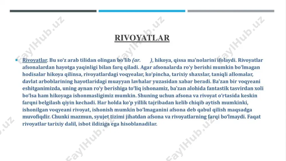 ro‘y berayotgan voqealardan kelajak haqida tasavvur hosil qilishga urinish odatlari animizm ta’siri bilan bog‘liqdir. to‘g‘ri, aksari paytlarda odamlar irimlarni xush ko‘rmaydilar, lekin tarixiy jihatdan shakllangan urf-odatlarimiz, rasm-rusumlarimizda totemizm, fetishizm, animizm belgilari aniq sezilib turadi. bunday voqea-hodisalarga bo‘lgan munosabat badiiy adabi yotimizda ham o‘z ifodasini topgan. g‘. g‘ulomning “shum bola” qissasidagio‘choq olldida ro‘y bergan hodisani, o‘lmas umarbekov, o‘tkir hoshimov asarlaridagi ayrim lavhalarni eslasak kifoyadir. savollar 1.afsona nima? 2.miflar qanday vujudga keladi? 3.rivoyat deganda nimani tushunasiz? 4.mifologiya nechta asosiy tushincha mavjud? 5.shiroq afsonasidan qanday xulosa chiqardingiz? yopiq test 1.anima- 2.mif- 3.afsona- 4.fetish- 5.totim- 6.rivoyatlar- e'tiboringiz uchun rahmat image1.jpeg image2.jpeg image3.jpeg image4.jpeg image5.jpeg image6.jpeg image7.jpeg image8.jpeg