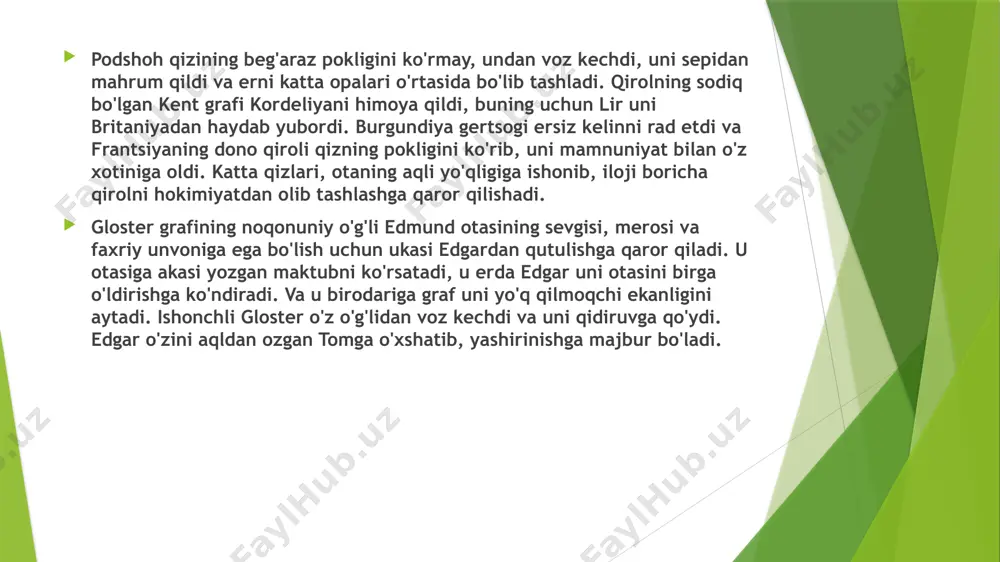 aror qiladi. qarindoshlarini yig'ib, qizlaridan bu muhim harakatdan oldin unga sevgi izhor etishlarini talab qiladi. ikki oqsoqol - goneril va regan (olbani va kornuoll gersoglarining xotinlari) otalariga xushomadgo'y so'zlarni aytishdi. ammo uchinchi qizi, ochiqchasiga kordeliya, opa-singillarining nosamimiyligidan nafratlanib, ota-onasiga nisbatan shirin so'zlarni rad etadi va o'zini bir nechta vazmin so'zlar bilan cheklaydi. keksa lir bundan norozi bo'lib, kordeliyani qattiq rad etadi. u shohlikni goneril va regan o'rtasida ikkiga bo'lishini va kenja qiziga hech narsa bermasligini e'lon qiladi. bir vaqtning o'zida hozir bo'lgan kentning zodagon grafi monarxni aql bovar qilmaydigan qadamdan saqlab qolishga harakat qiladi, lekin lir uni haqorat qiladi va uni mamlakatdan haydab chiqaradi. kordeliya qirollikning uchinchi qismini olmasligini bilgach, uning ikki da'vogaridan biri, burgundiya gertsogi darhol o'zining sobiq unashtirilganidan voz kechadi. ammo ikkinchisi, frantsiya qiroli, aksincha, kordeliyaning befarqligidan hayratlanib, uni mamnuniyat bilan o'z xotiniga oladi. kordeliyaning bashorat qilishicha, vaqt ota-onasiga qaysi qizi uni chinakam sevishini ko'rsatadi. sahna oxirida ochko'z …