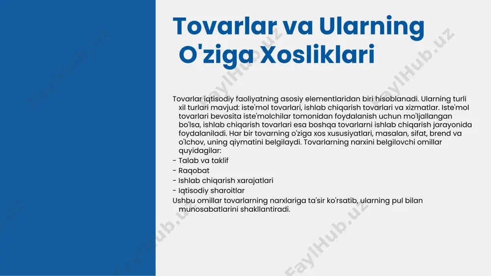 iy o'sishni qo'llab-quvvatlaydi. 3. tovar pul munosabatlarining ijtimoiy ta'sirlari. tovar pul munosabatlari jamiyatda farovonlikni oshirishga yordam beradi. ular iqtisodiy barqarorlikni ta'minlash orqali ijtimoiy barqarorlikni saqlashda muhim ahamiyatga ega. iqtisodiy o'sish ijtimoiy muammolarni kamaytirishga yordam beradi. 4. barqaror iqtisodiyot uchun zarur bo'lgan shartlar. barqaror iqtisodiyot uchun muvozanatli pul siyosati, samarali resurs taqsimoti va innovatsion rivojlanish zarur. shuningdek, iqtisodiy barqarorlikni ta'minlash uchun davlat iqtisodiy siyosatini to'g'ri belgilashi lozim. xulosa tovar va pul o'rtasidagi munosabatlar iqtisodiy tizimning asosiy elementidir. tovarlar iqtisodiy qiymatga ega bo'lib, ularning narxi va xususiyatlari iqtisodiy jarayonlarni belgilaydi. pul tovarlar va xizmatlar uchun to'lov vositasi sifatida muhim rol o'ynaydi, inflatsiya va qiymat o'zgarishlariga ta'sir ko'rsatadi. tovar pul munosabatlarini tushunish iqtisodiy o'sish, raqobat va barqarorlikni ta'minlashda yordam beradi. 1 2 3 4 e'tiboringiz uchun rahmat! designed by slides carnival image1.jpeg image3.jpeg image5.jpg image4.png